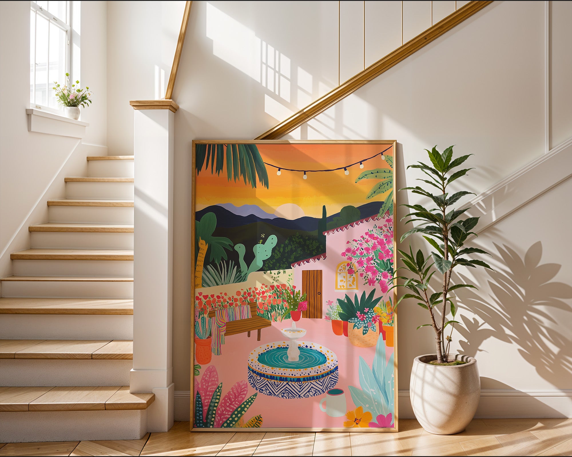 Sunset Courtyard With Fountain And Flowers