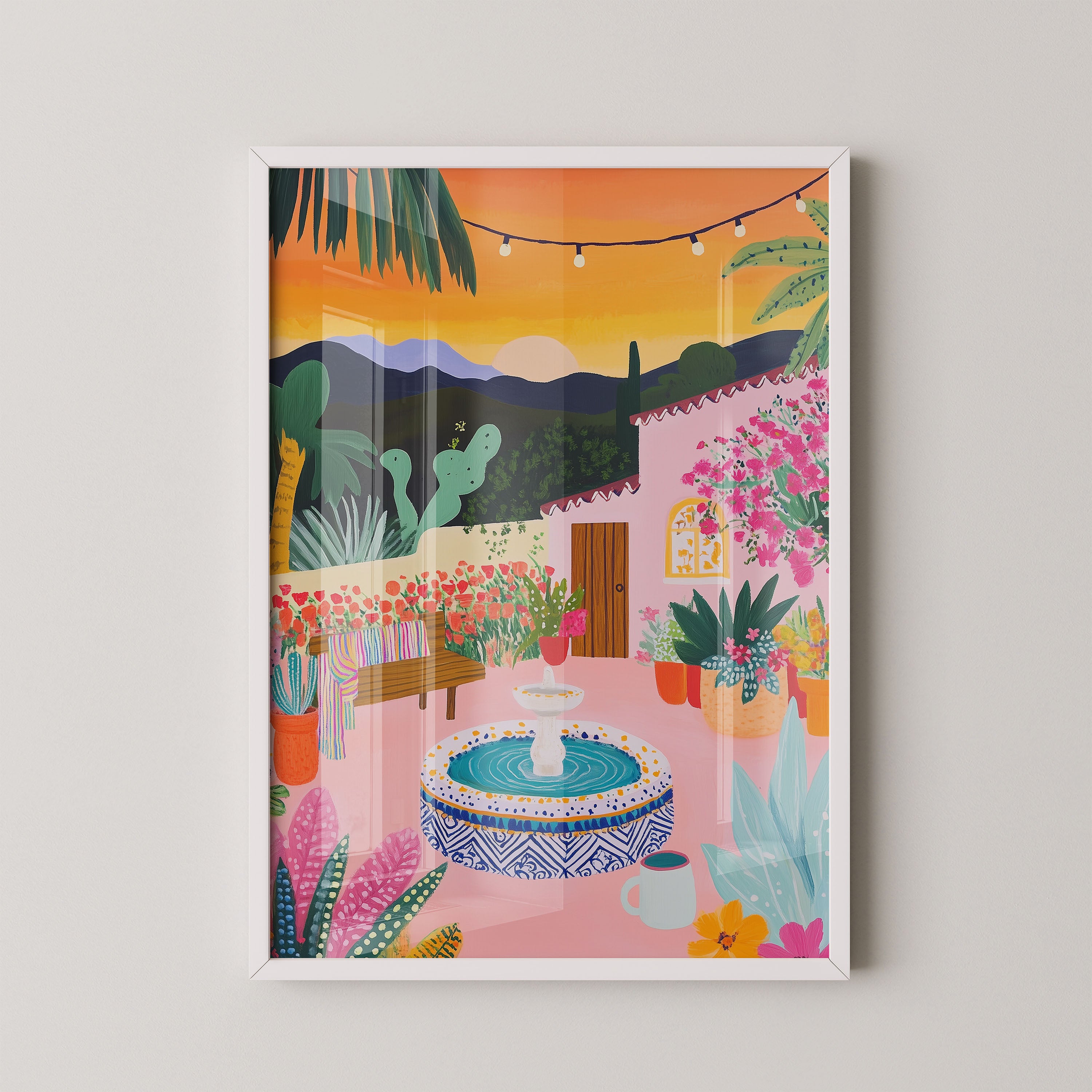 Sunset Courtyard With Fountain And Flowers