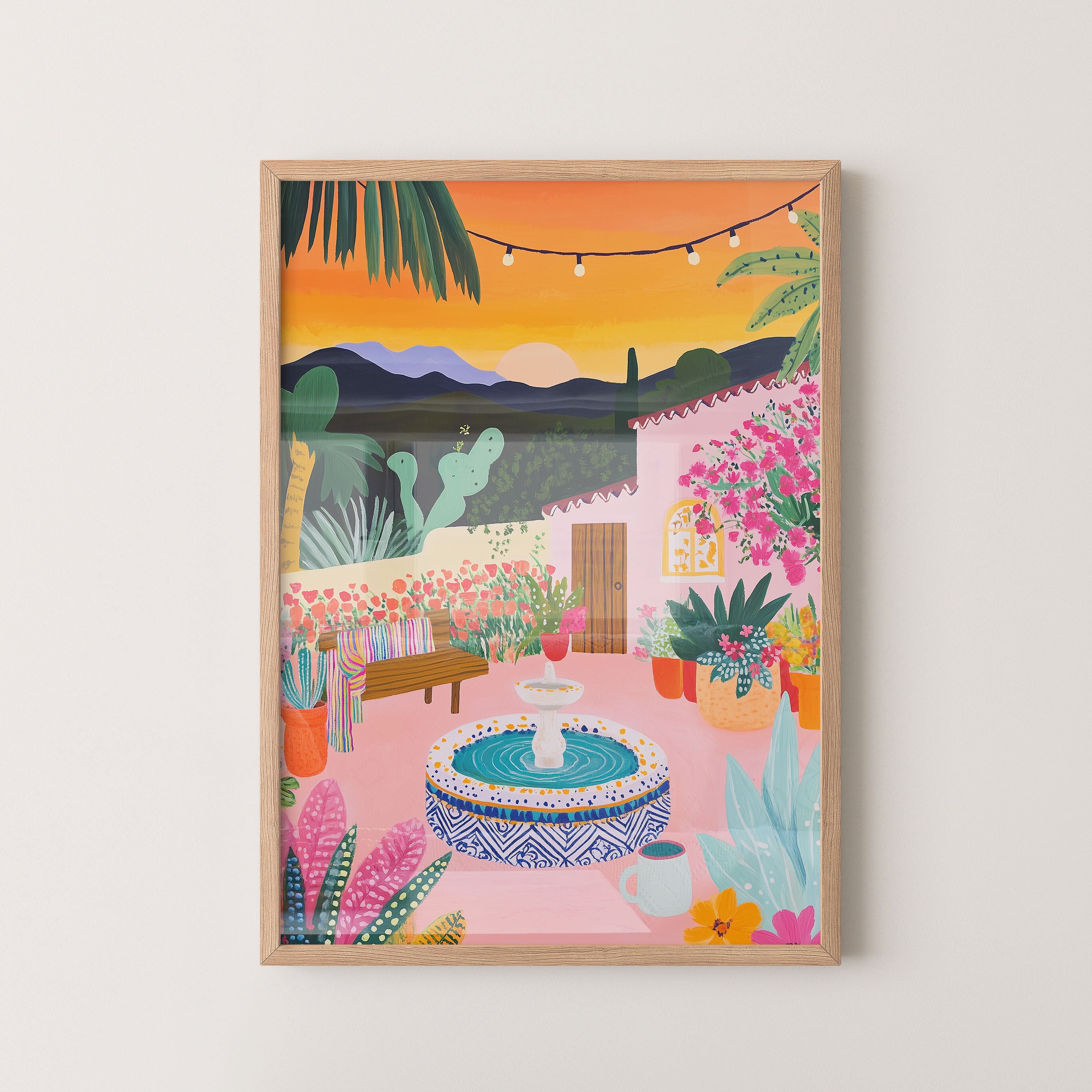 Sunset Courtyard With Fountain And Flowers