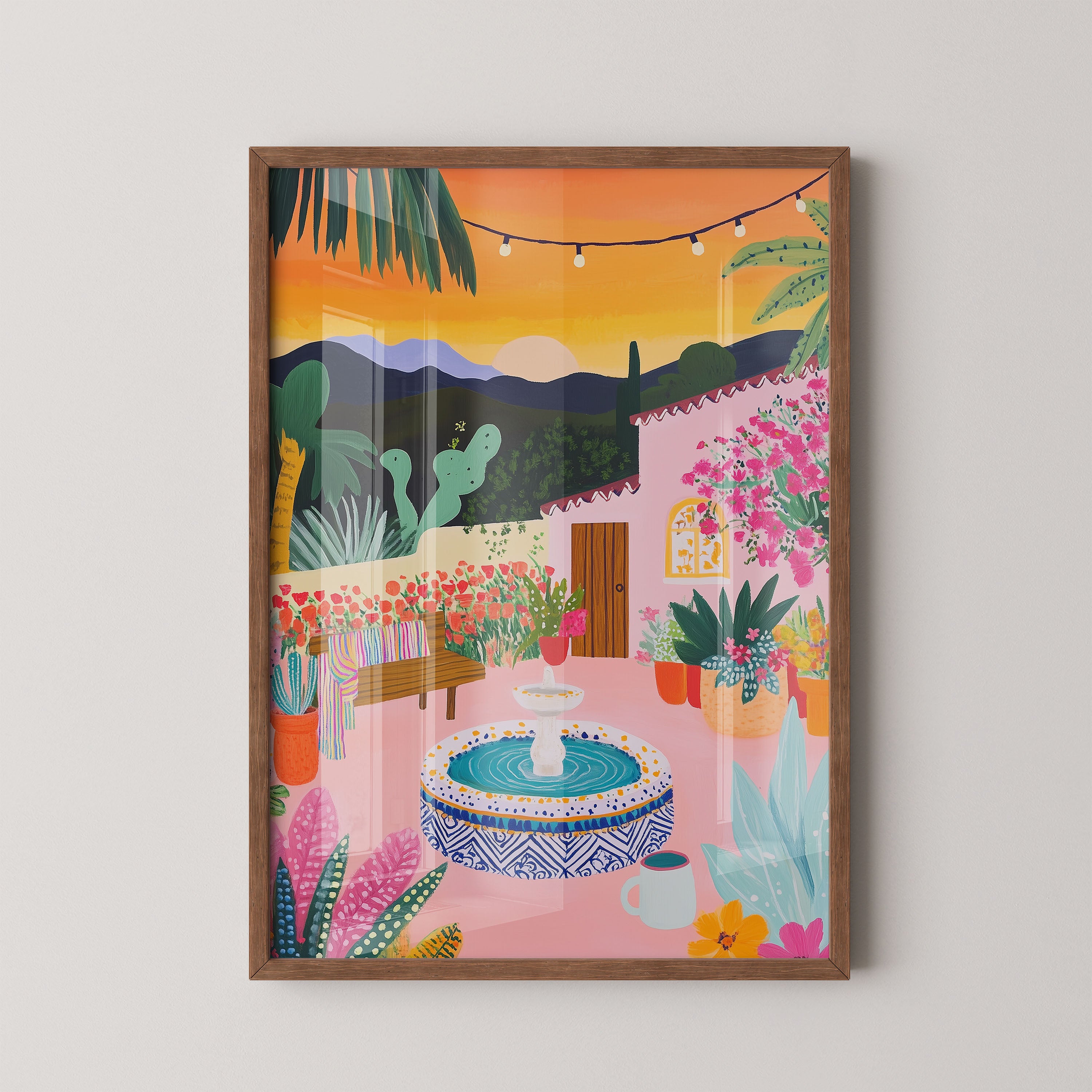 Sunset Courtyard With Fountain And Flowers