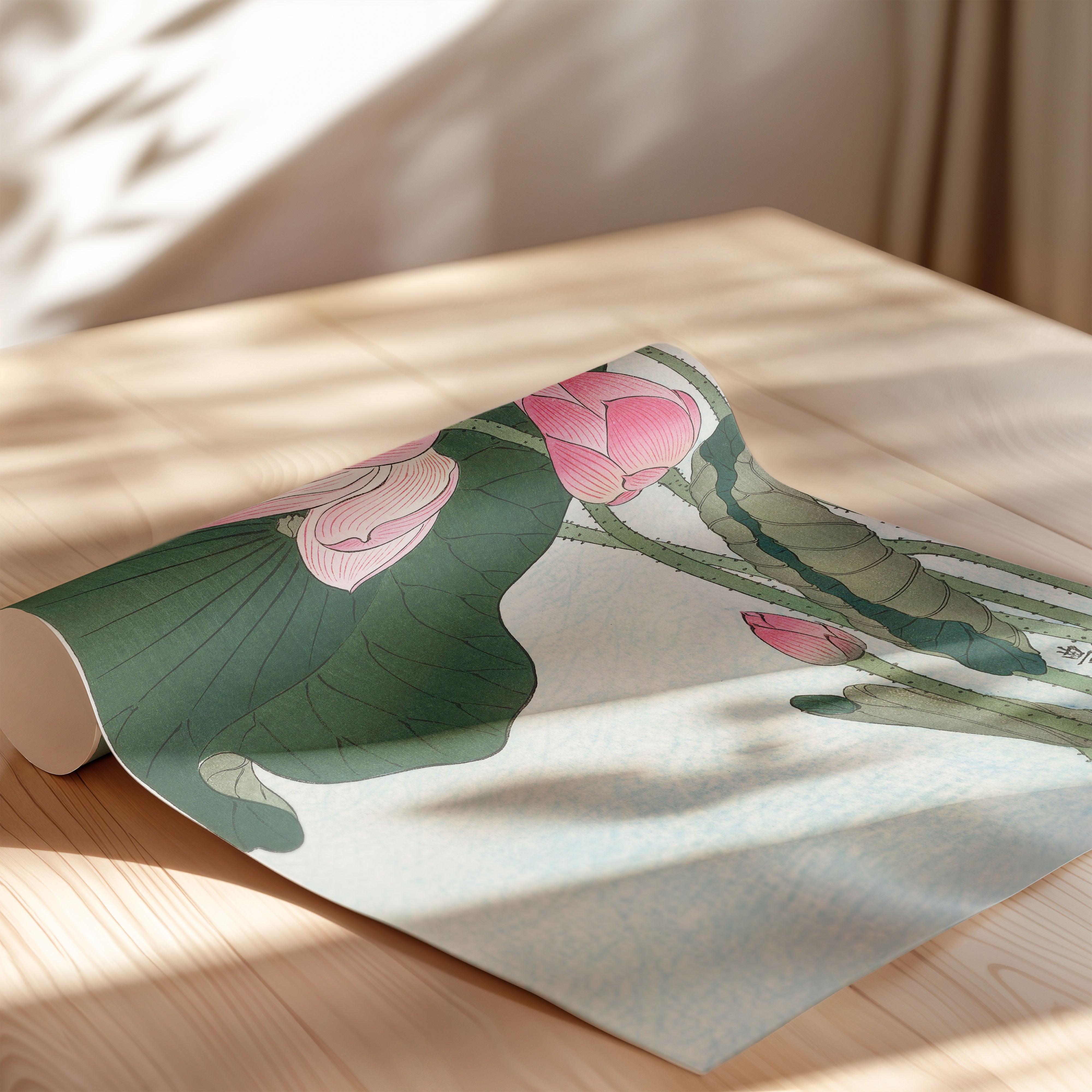 Japanese Lotus Blossom Art Print – Traditional Botanical Ukiyo-e Style