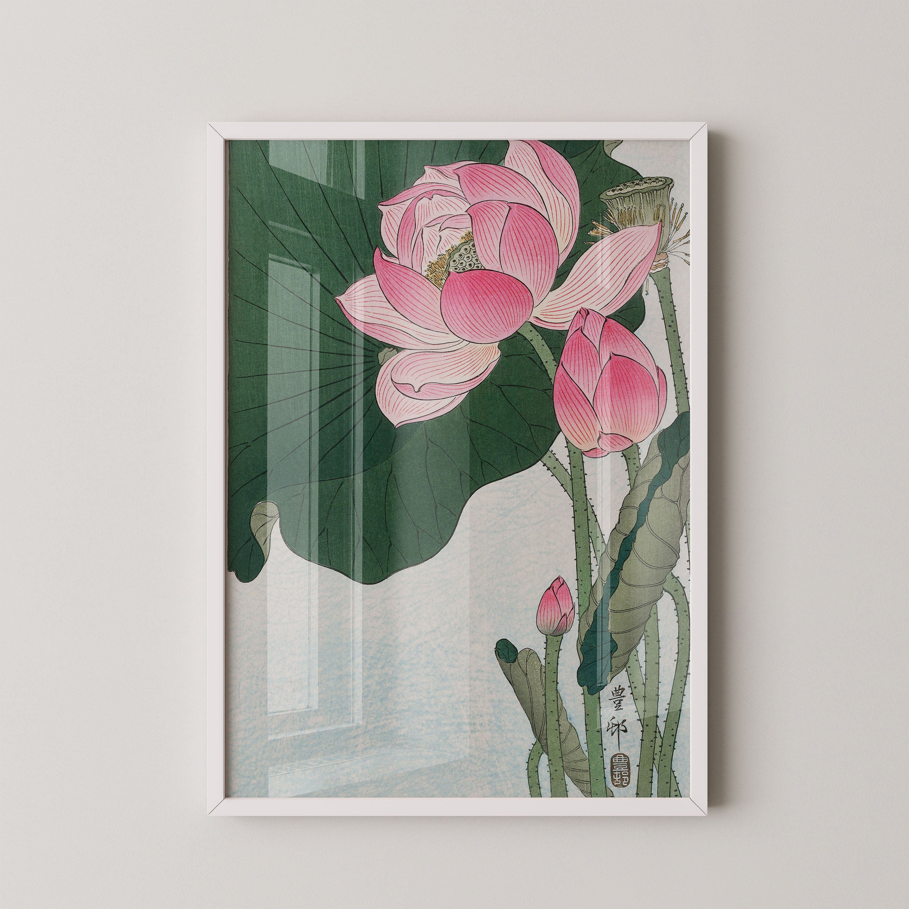 Japanese Lotus Blossom Art Print – Traditional Botanical Ukiyo-e Style