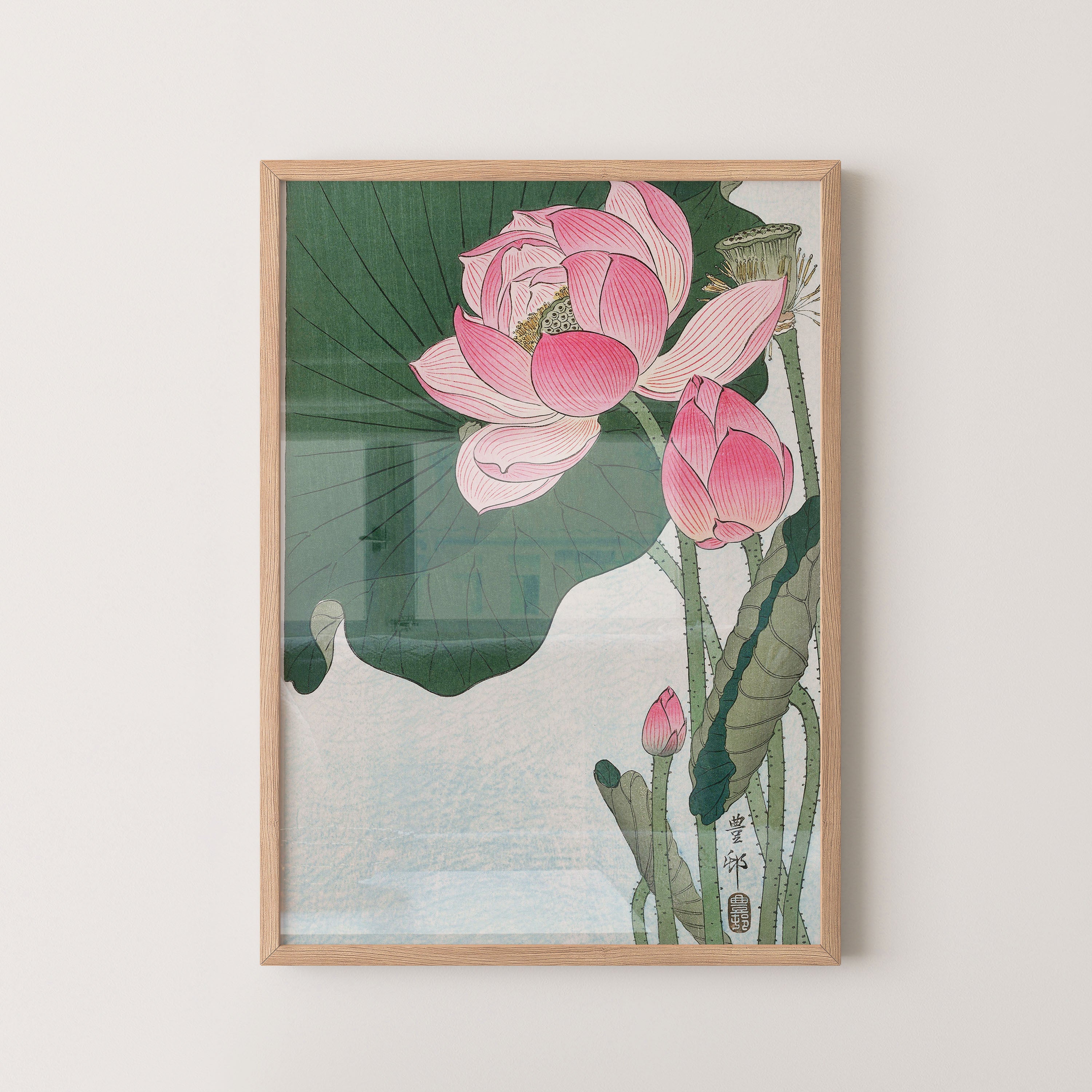 Japanese Lotus Blossom Art Print – Traditional Botanical Ukiyo-e Style
