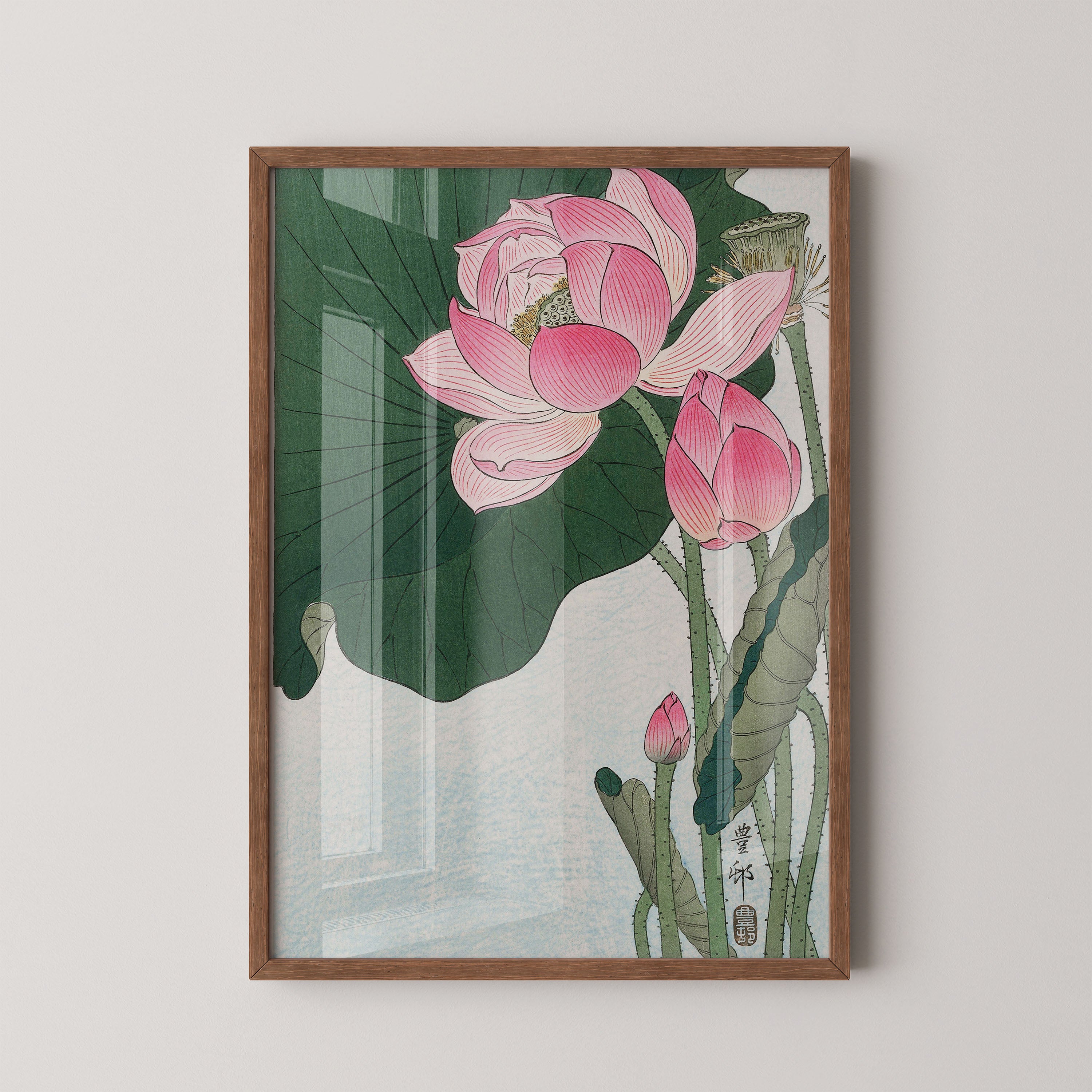 Japanese Lotus Blossom Art Print – Traditional Botanical Ukiyo-e Style