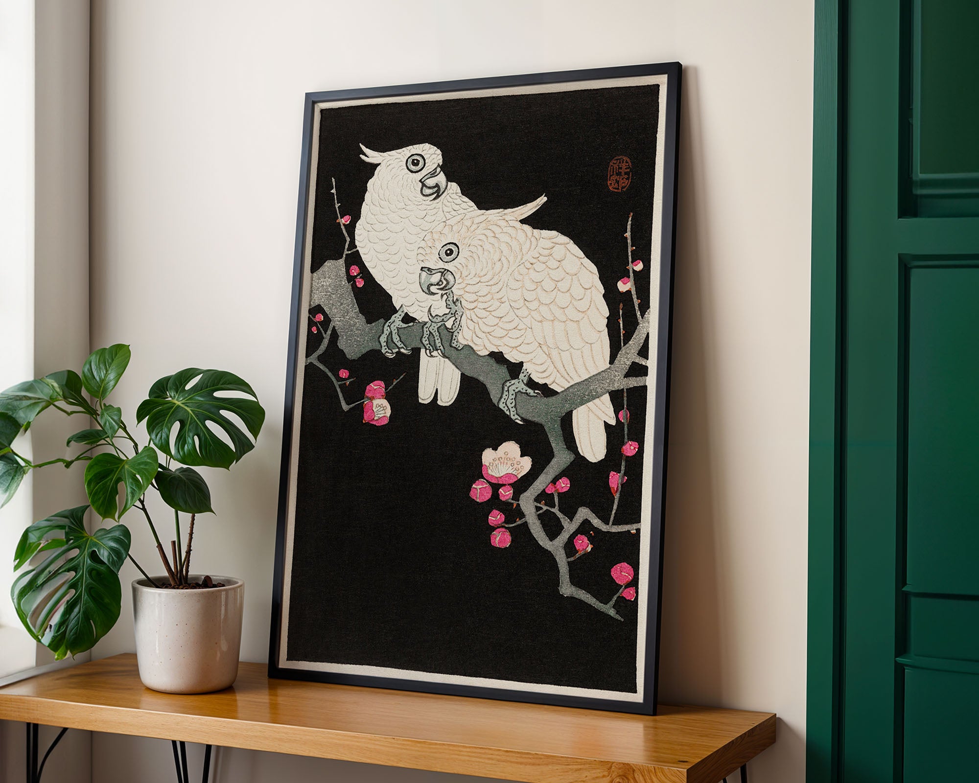 Japanese Art Print – White Parrots on Blossom Branch