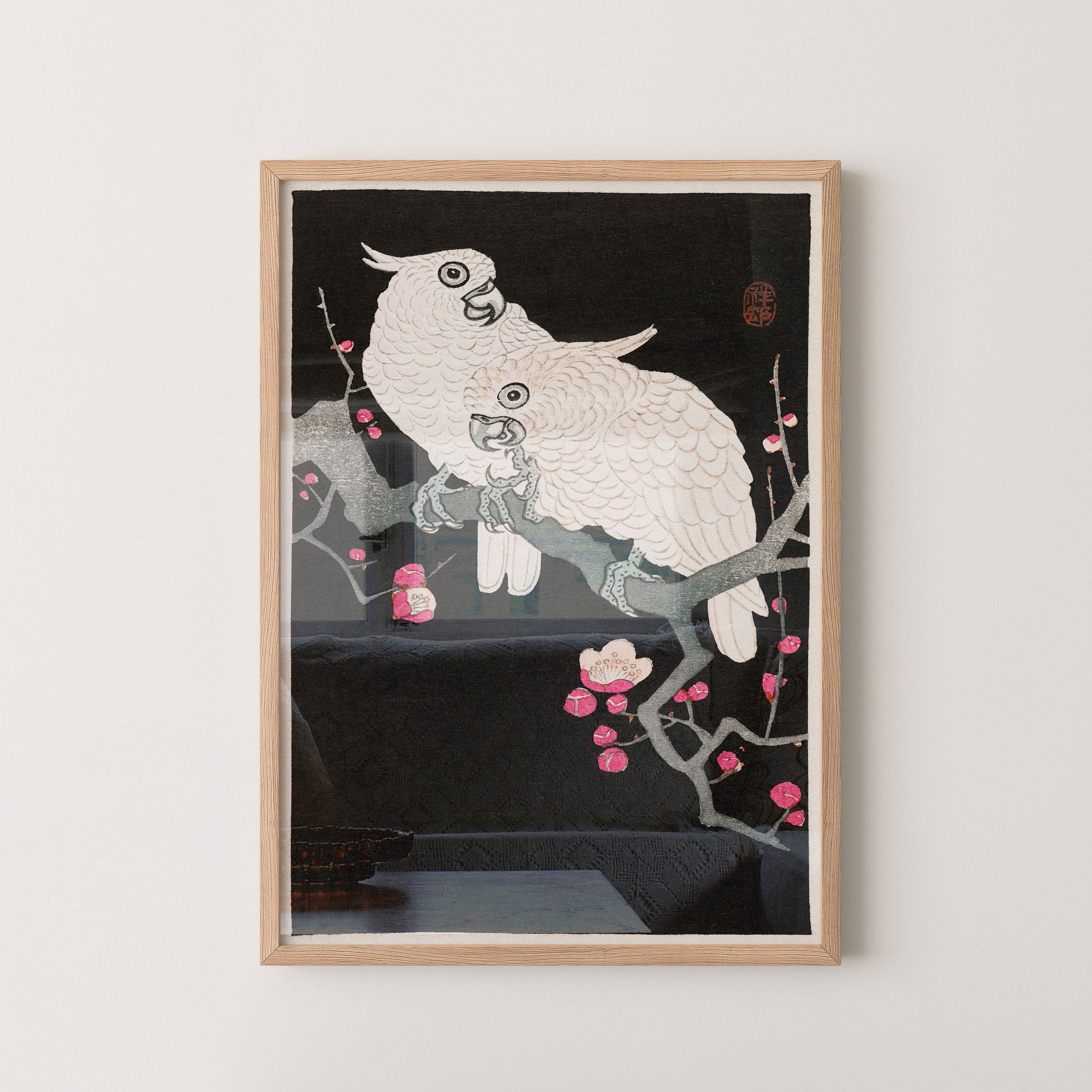 Japanese Art Print – White Parrots on Blossom Branch