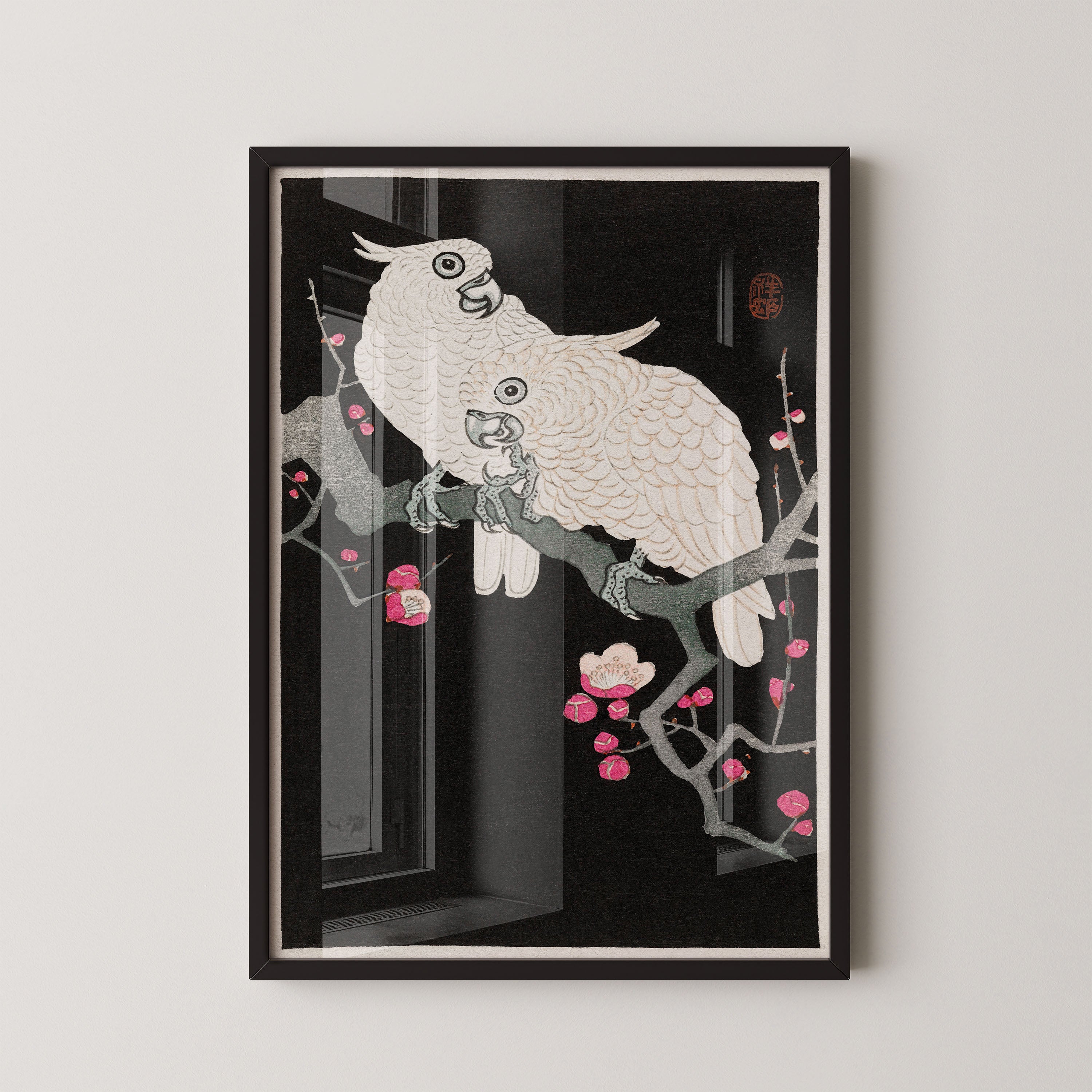 Japanese Art Print – White Parrots on Blossom Branch