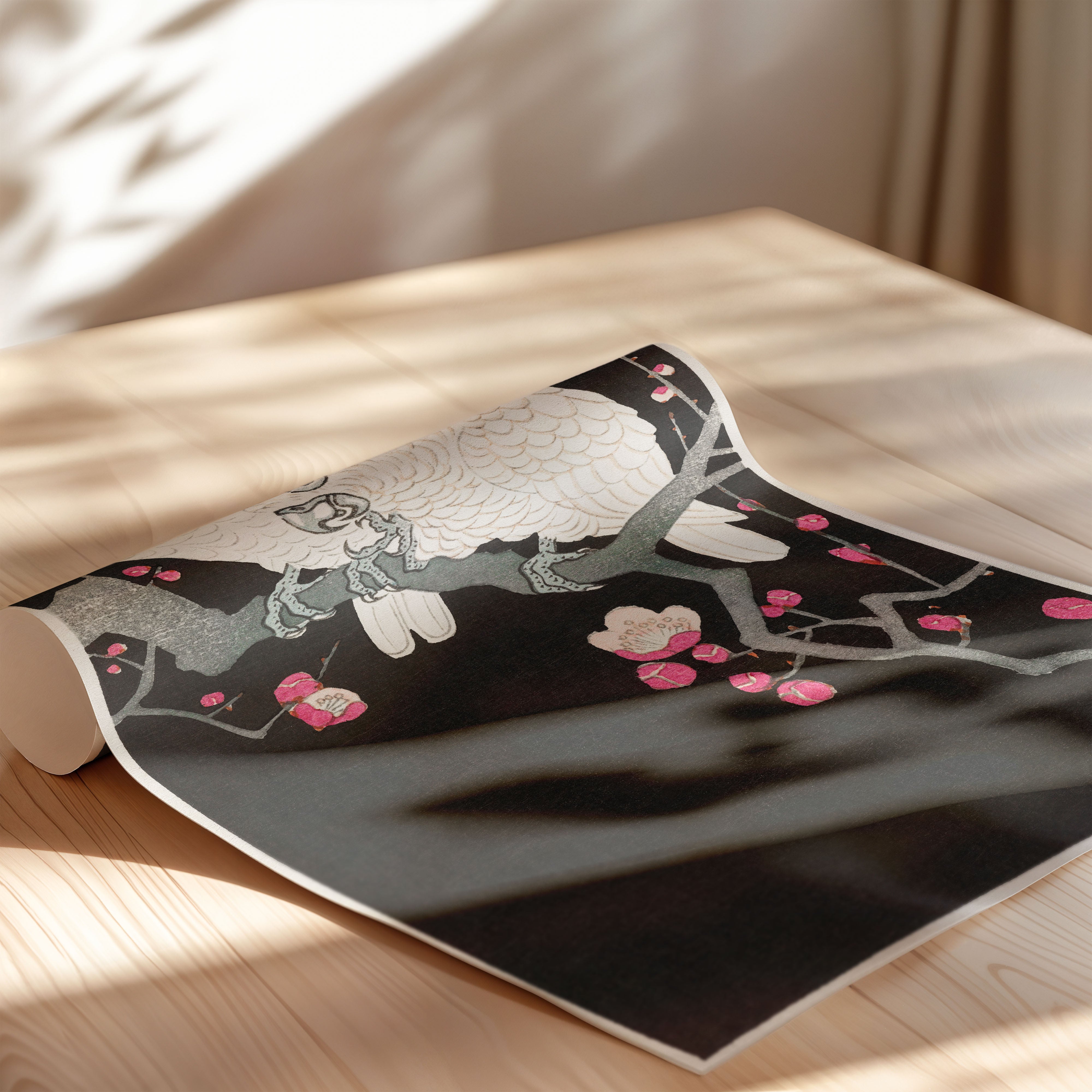 Japanese Art Print – White Parrots on Blossom Branch