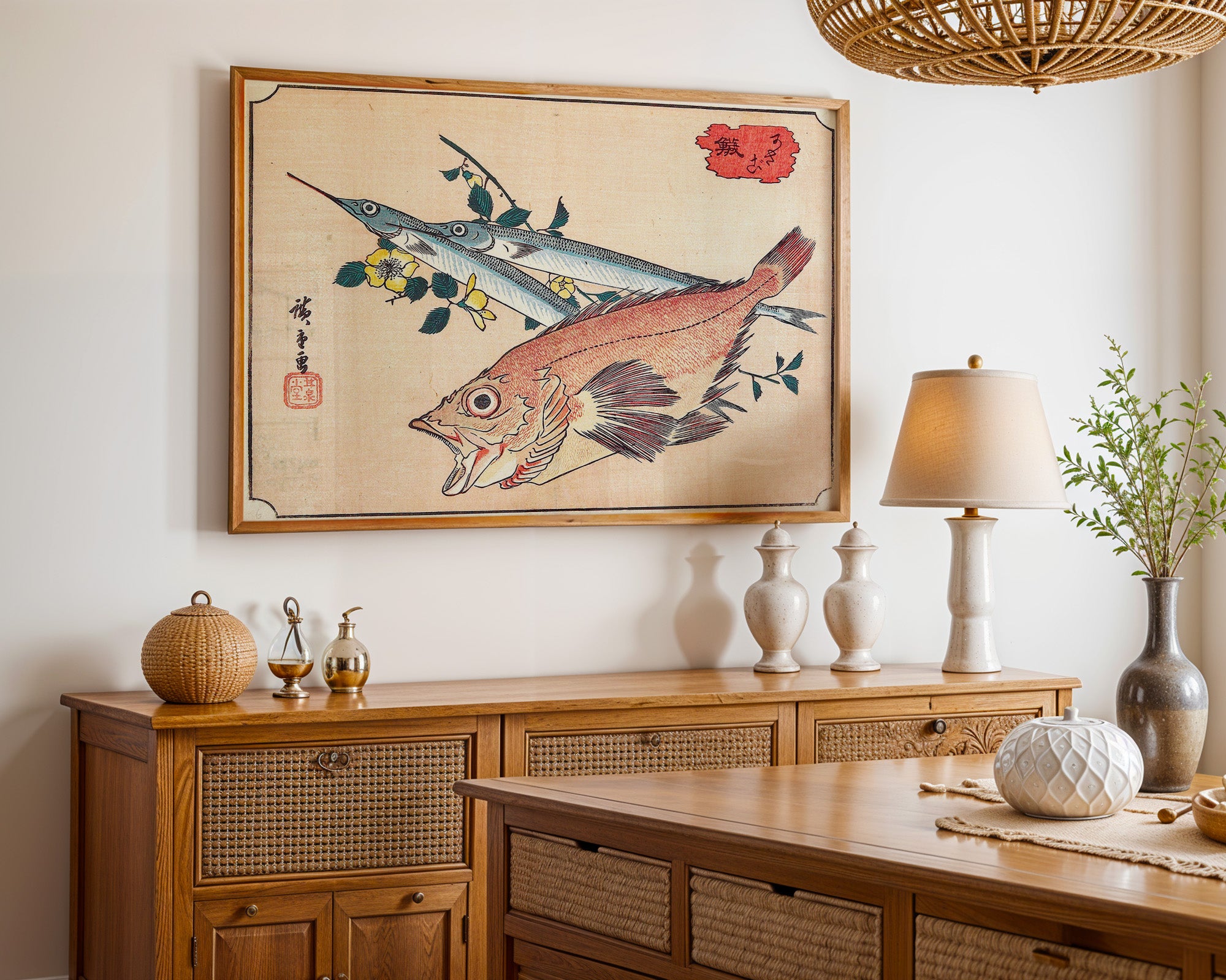 Japanese Vintage Art Print – Fish Study With Floral Branch