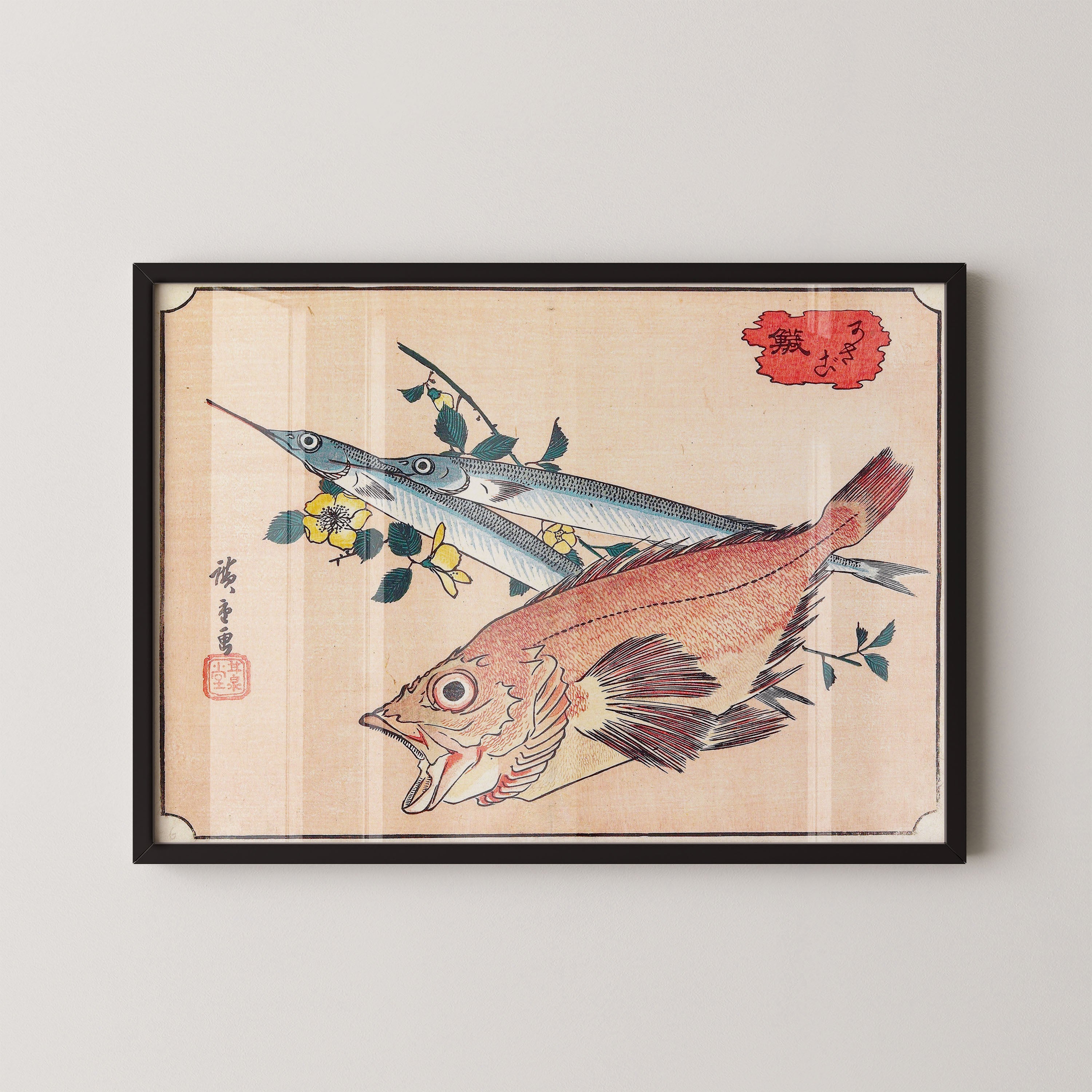 Japanese Vintage Art Print – Fish Study With Floral Branch