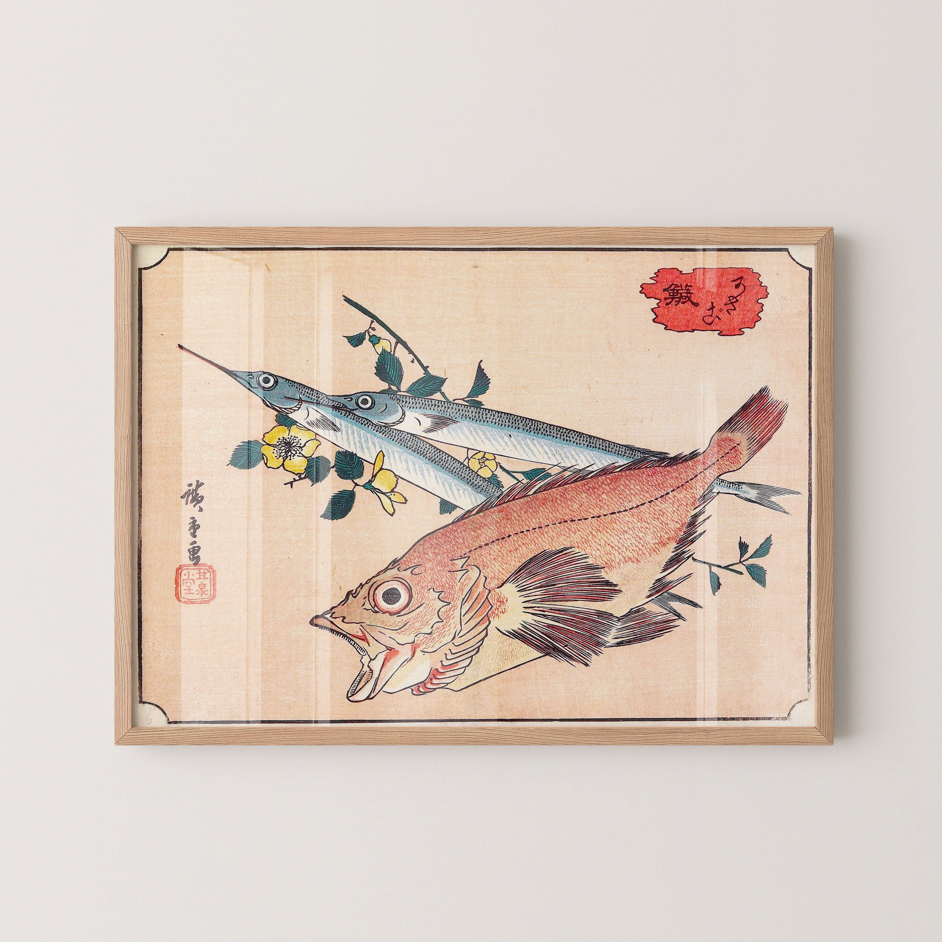 Japanese Vintage Art Print – Fish Study With Floral Branch