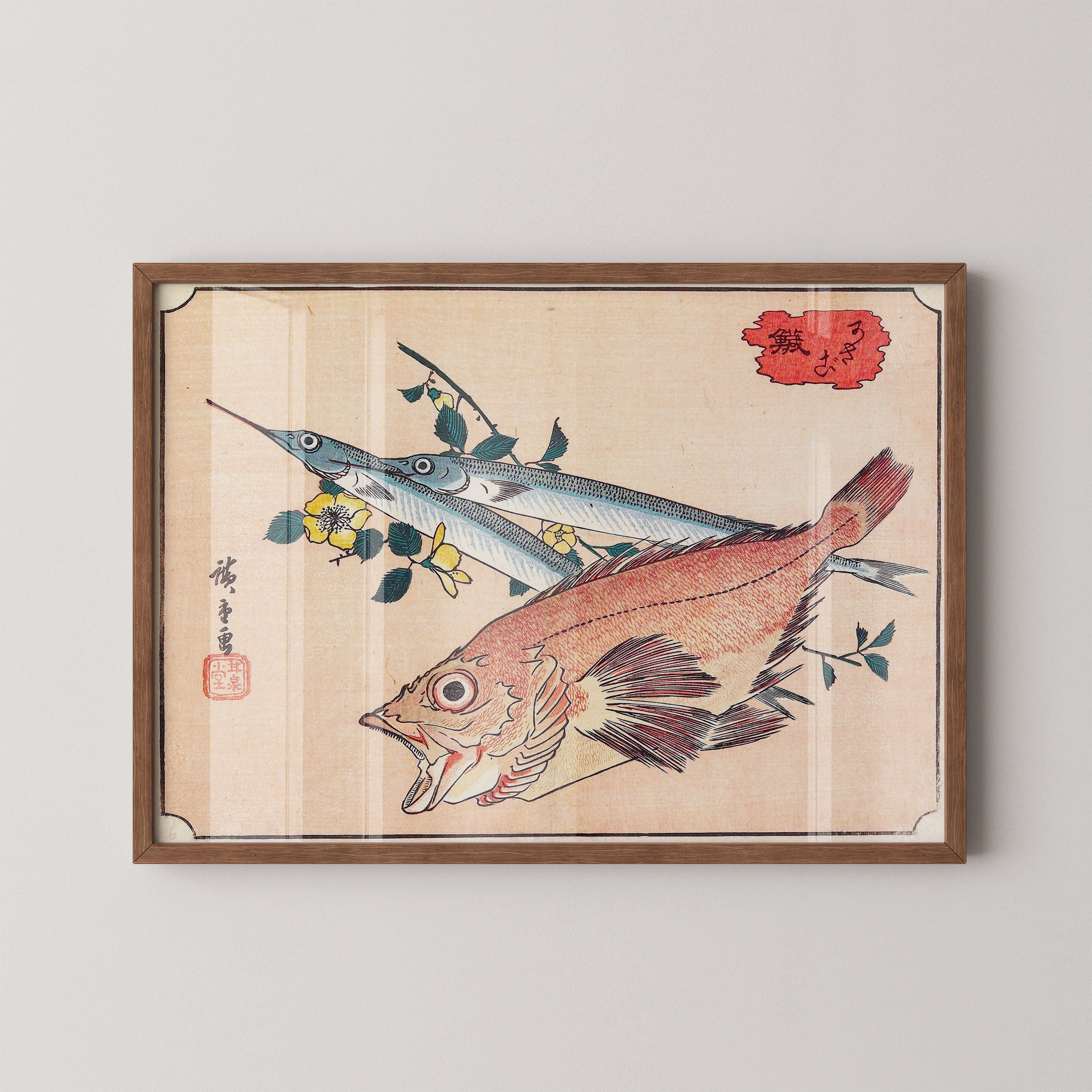 Japanese Vintage Art Print – Fish Study With Floral Branch