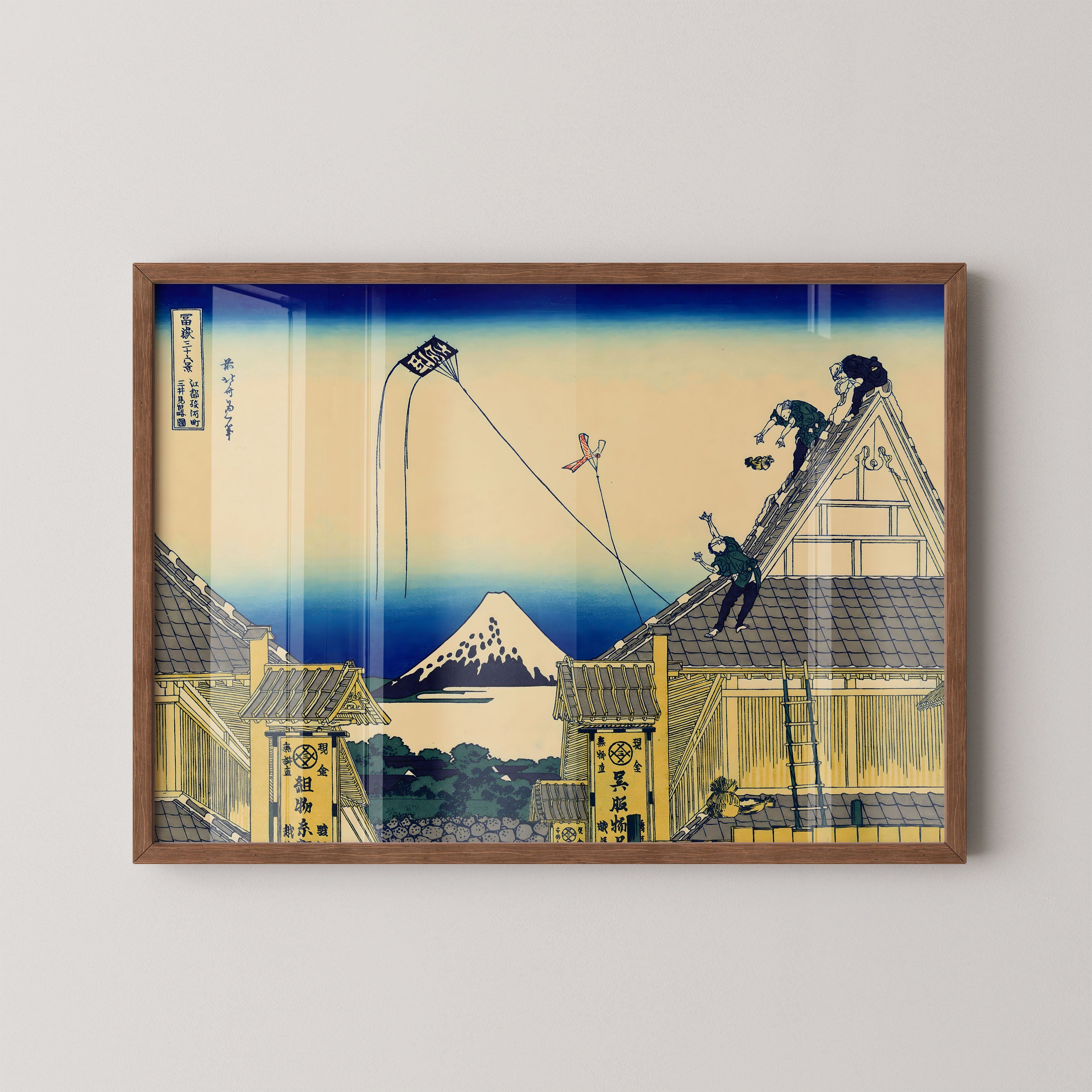 Japanese Rooftop Workers Mount Fuji Scene Print