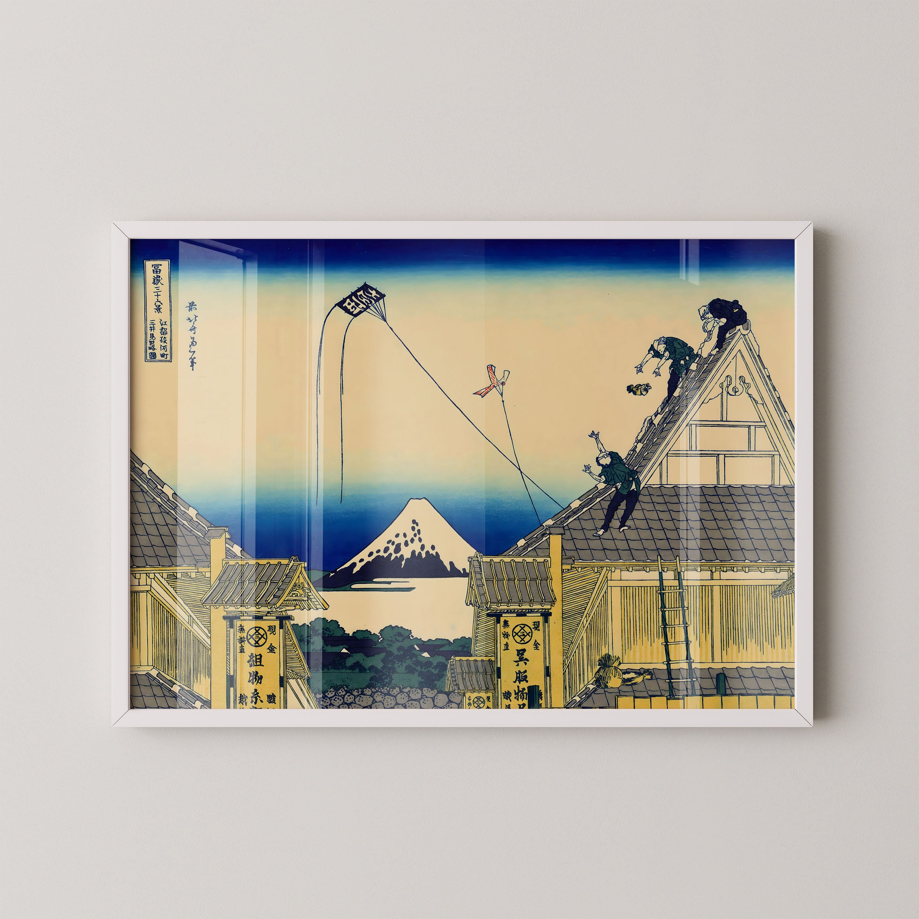 Japanese Rooftop Workers Mount Fuji Scene Print