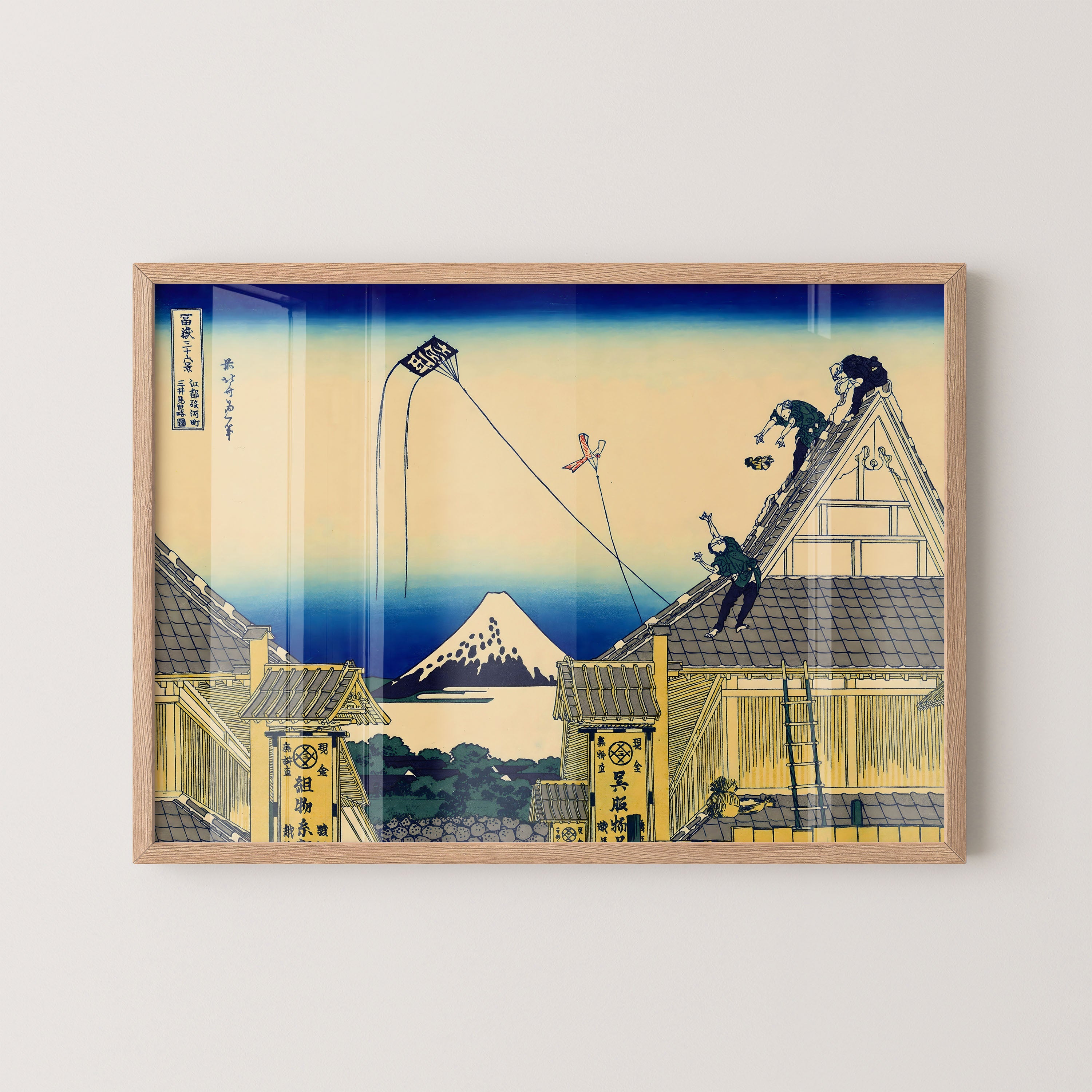 Japanese Rooftop Workers Mount Fuji Scene Print