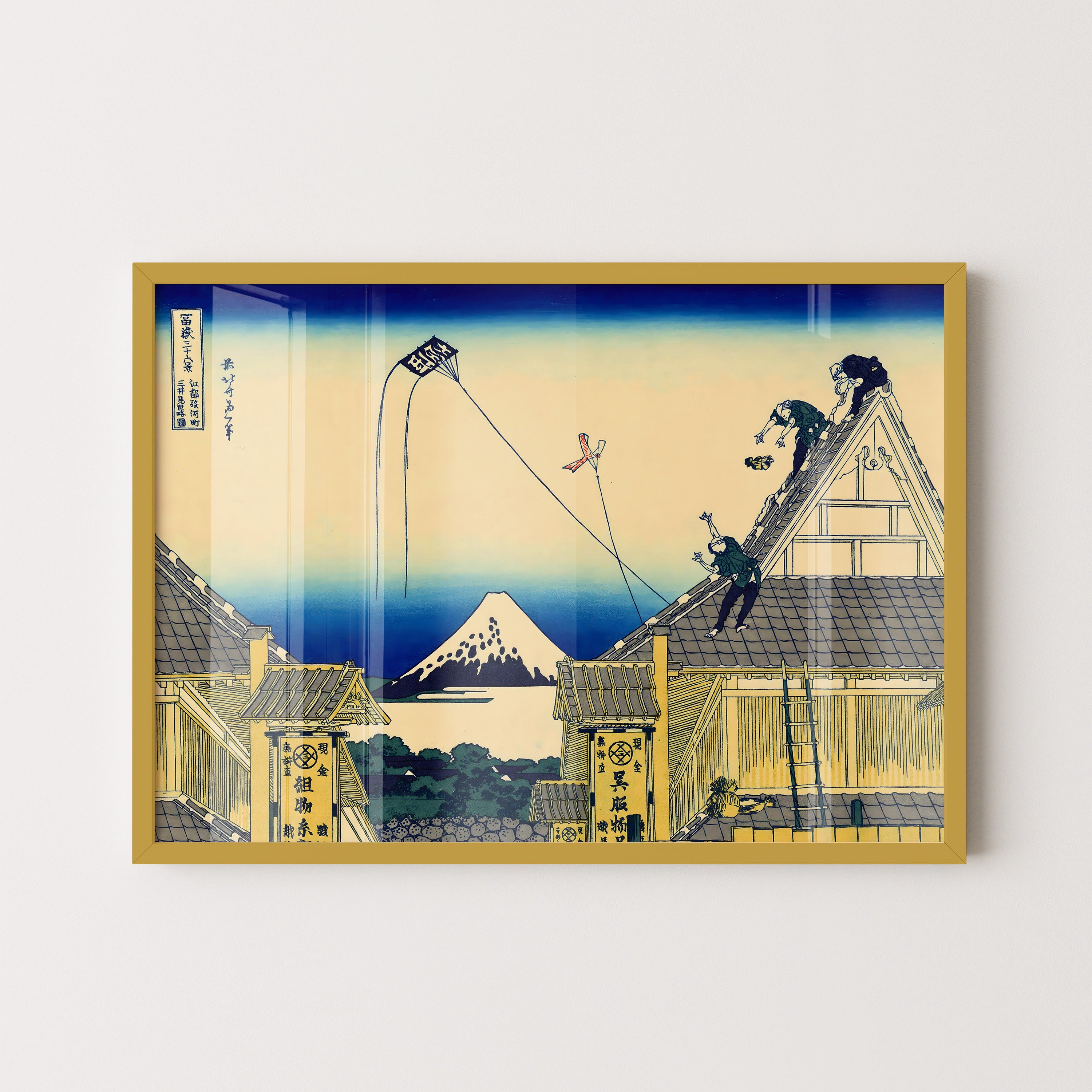 Japanese Rooftop Workers Mount Fuji Scene Print