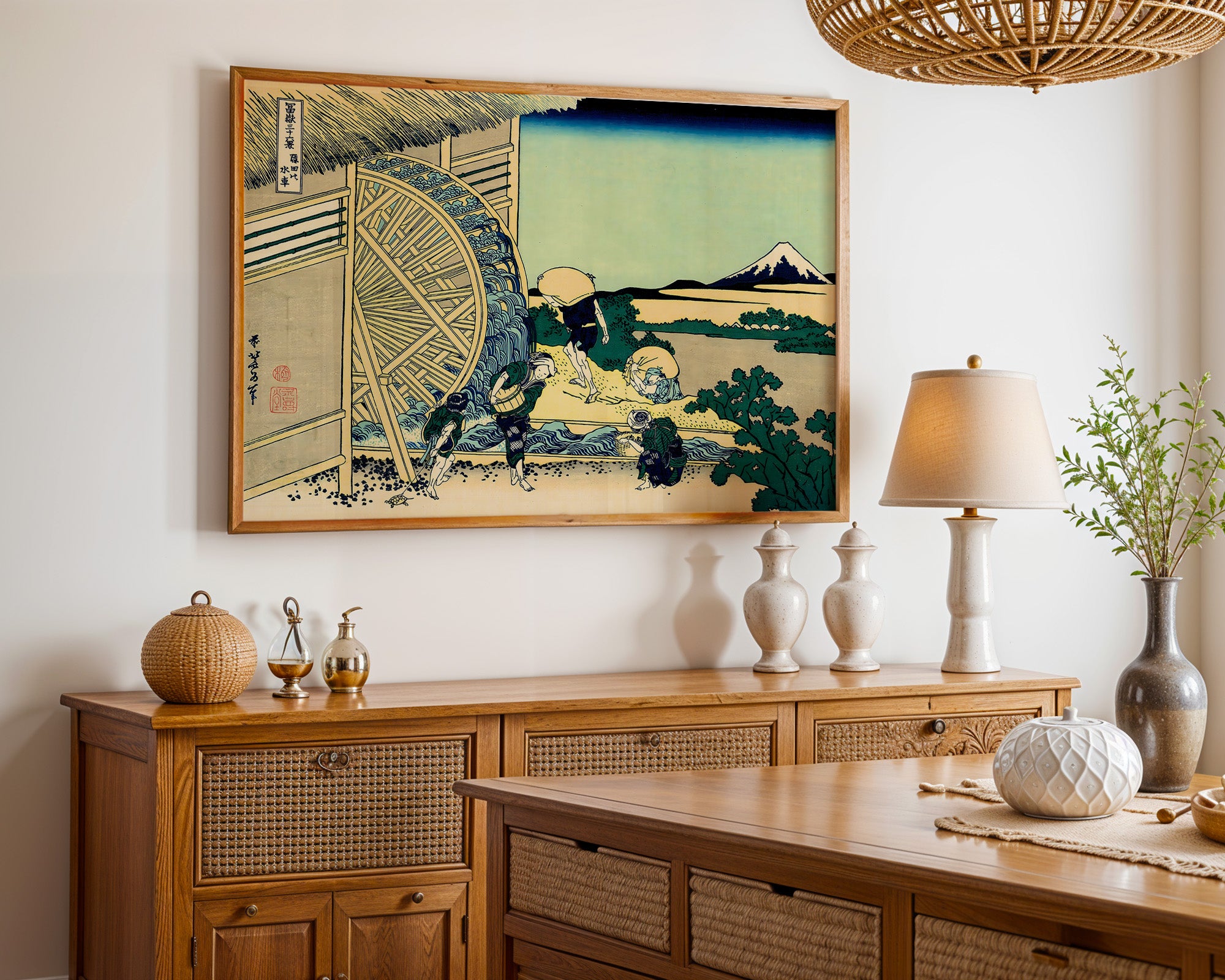 Japanese Waterwheel Countryside Scene Print