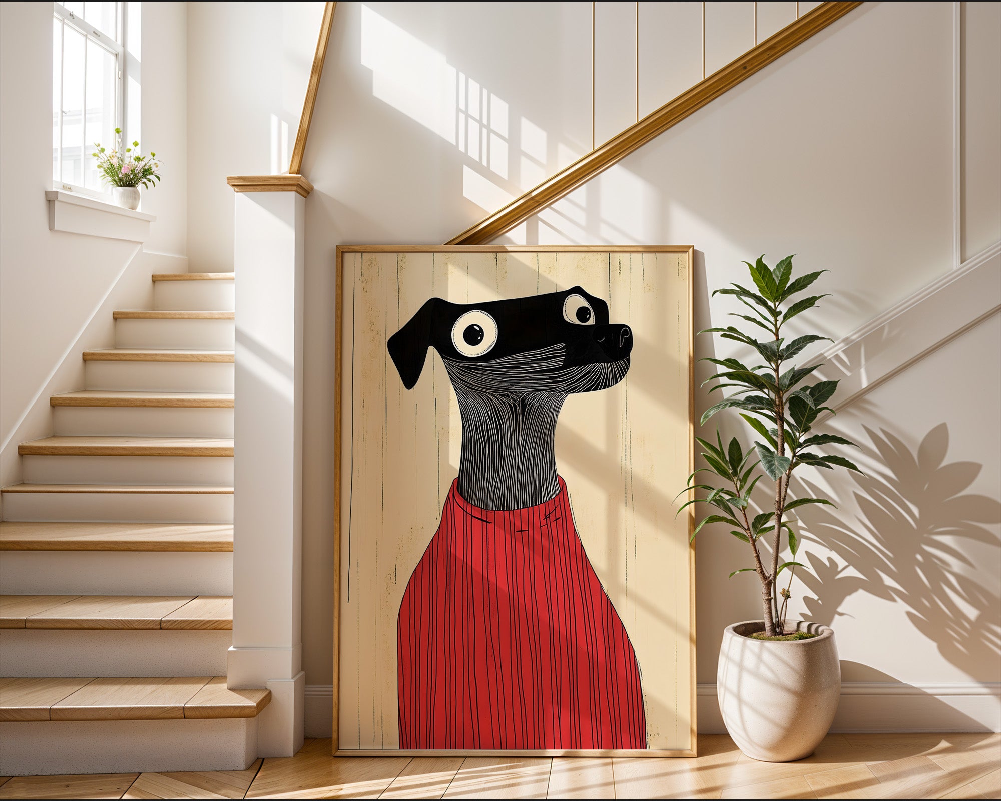 Whimsical Black Dog in Red – Modern Art