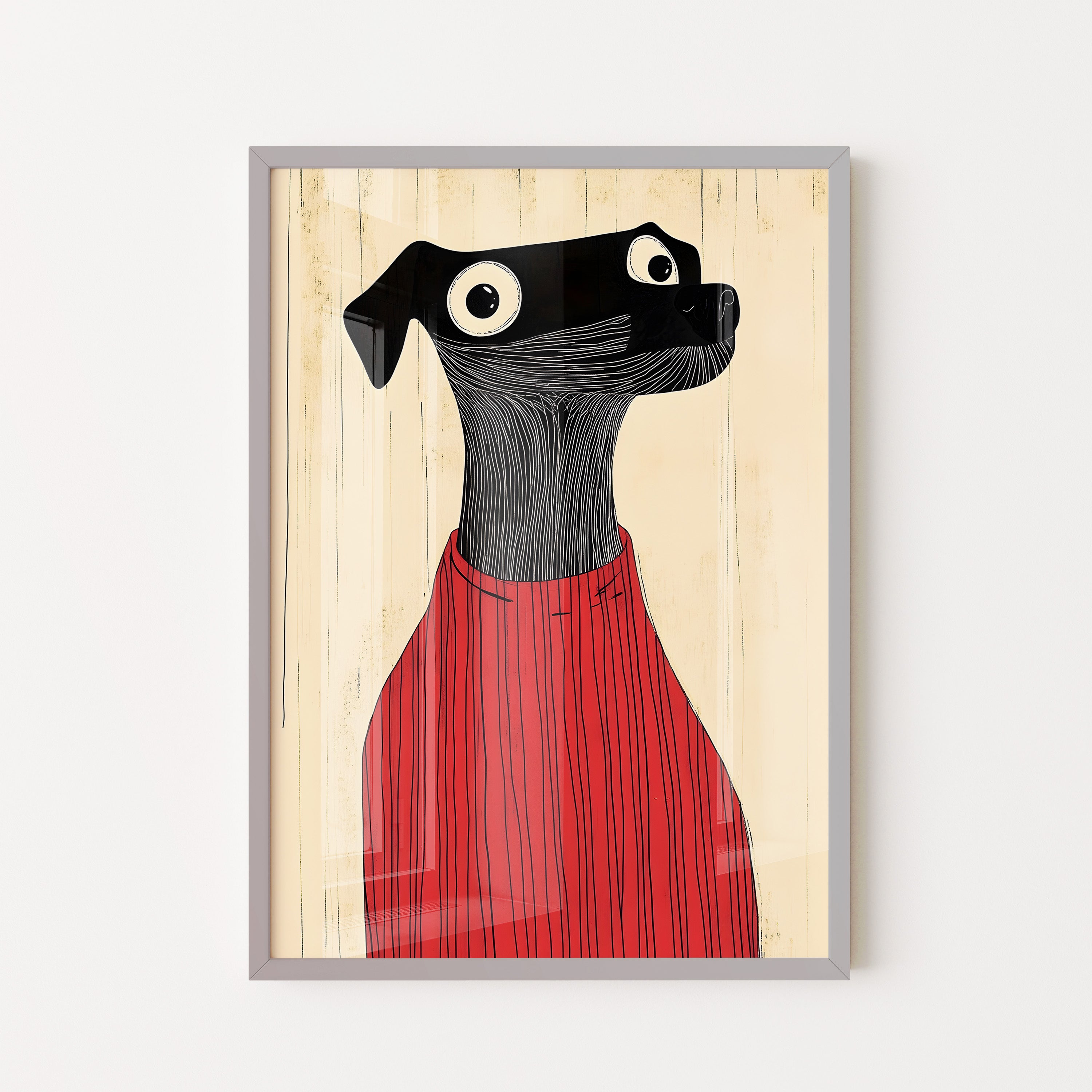 Whimsical Black Dog in Red – Modern Art