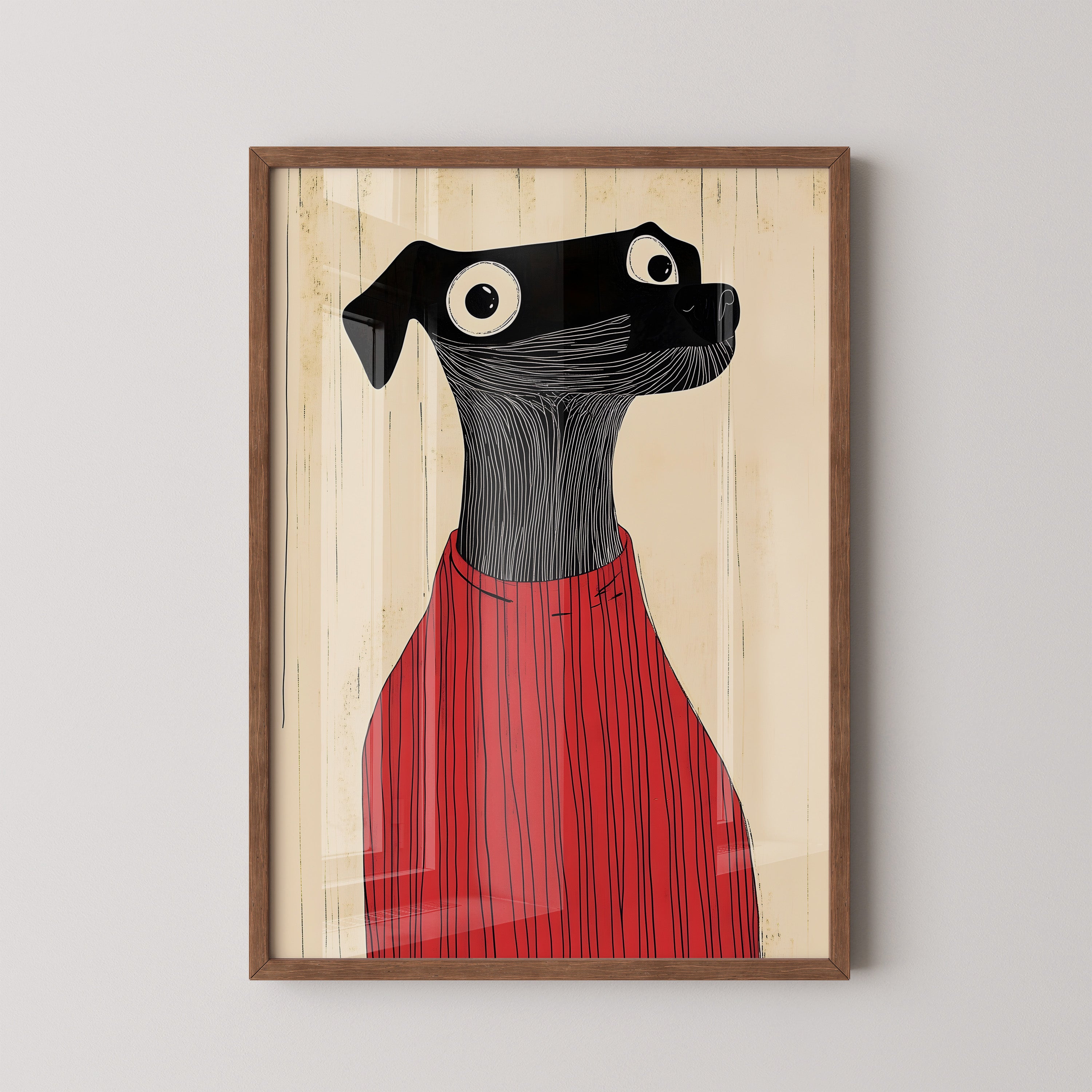Whimsical Black Dog in Red – Modern Art