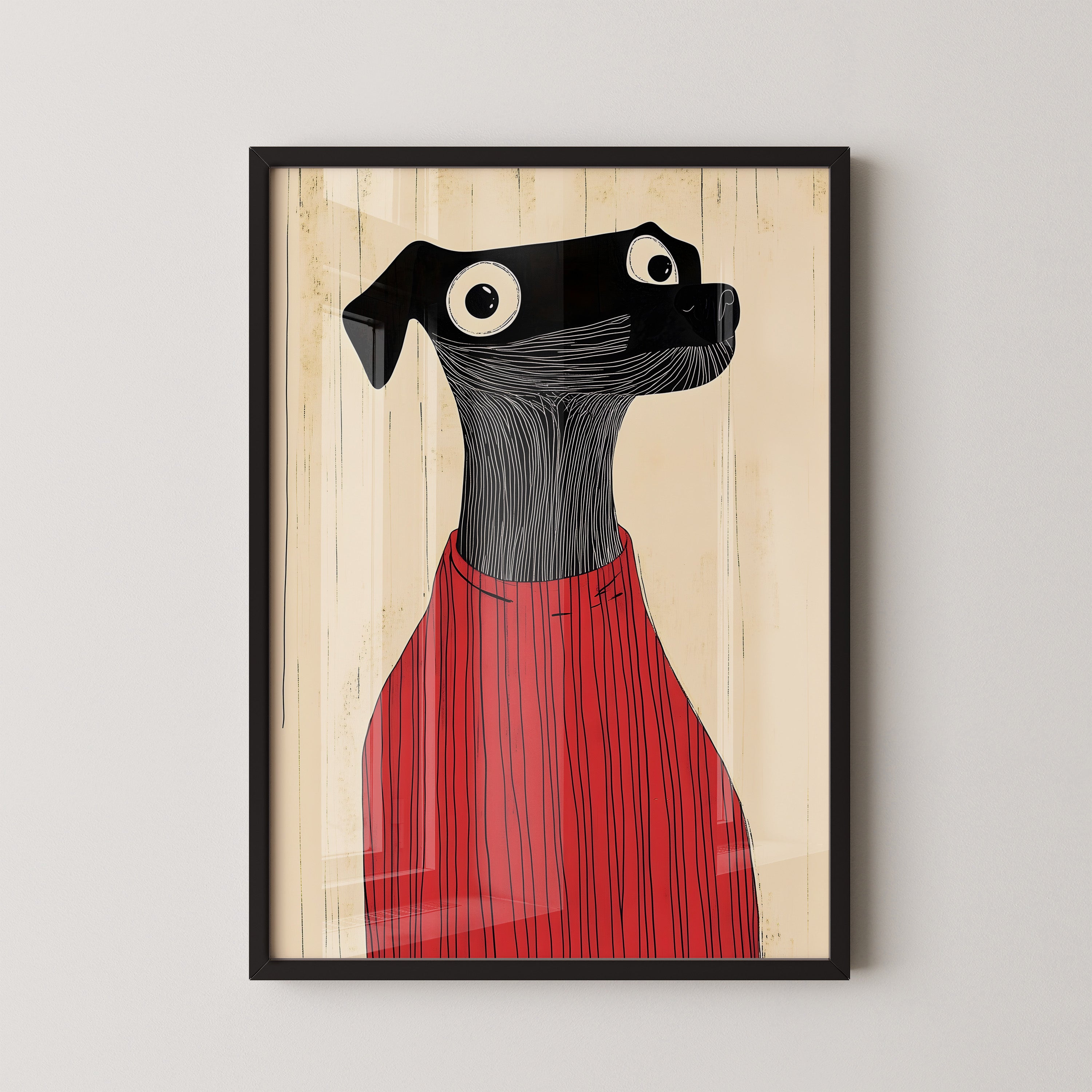 Whimsical Black Dog in Red – Modern Art