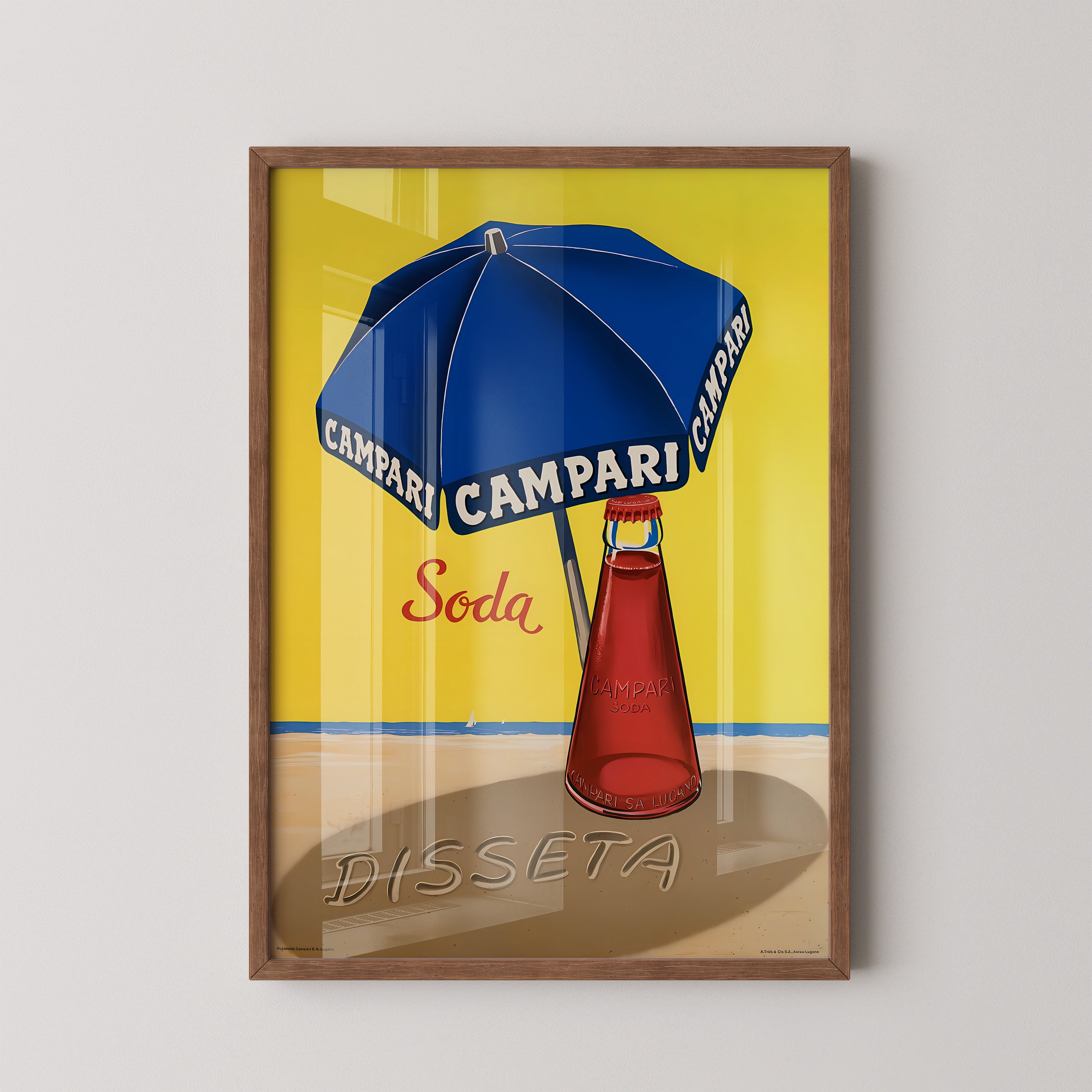 Blue Umbrella & Red Bottle – Vintage Beach Poster