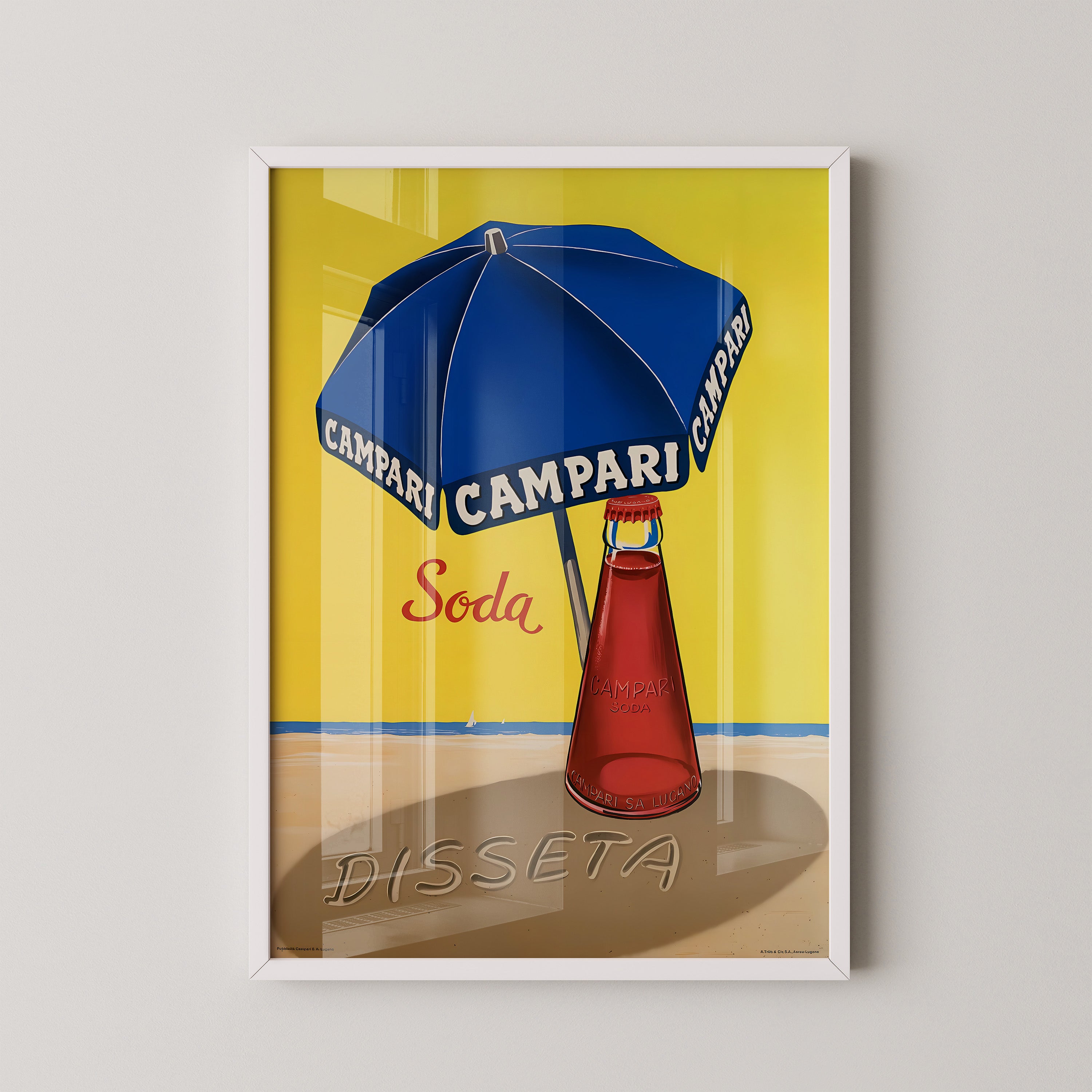 Blue Umbrella & Red Bottle – Vintage Beach Poster