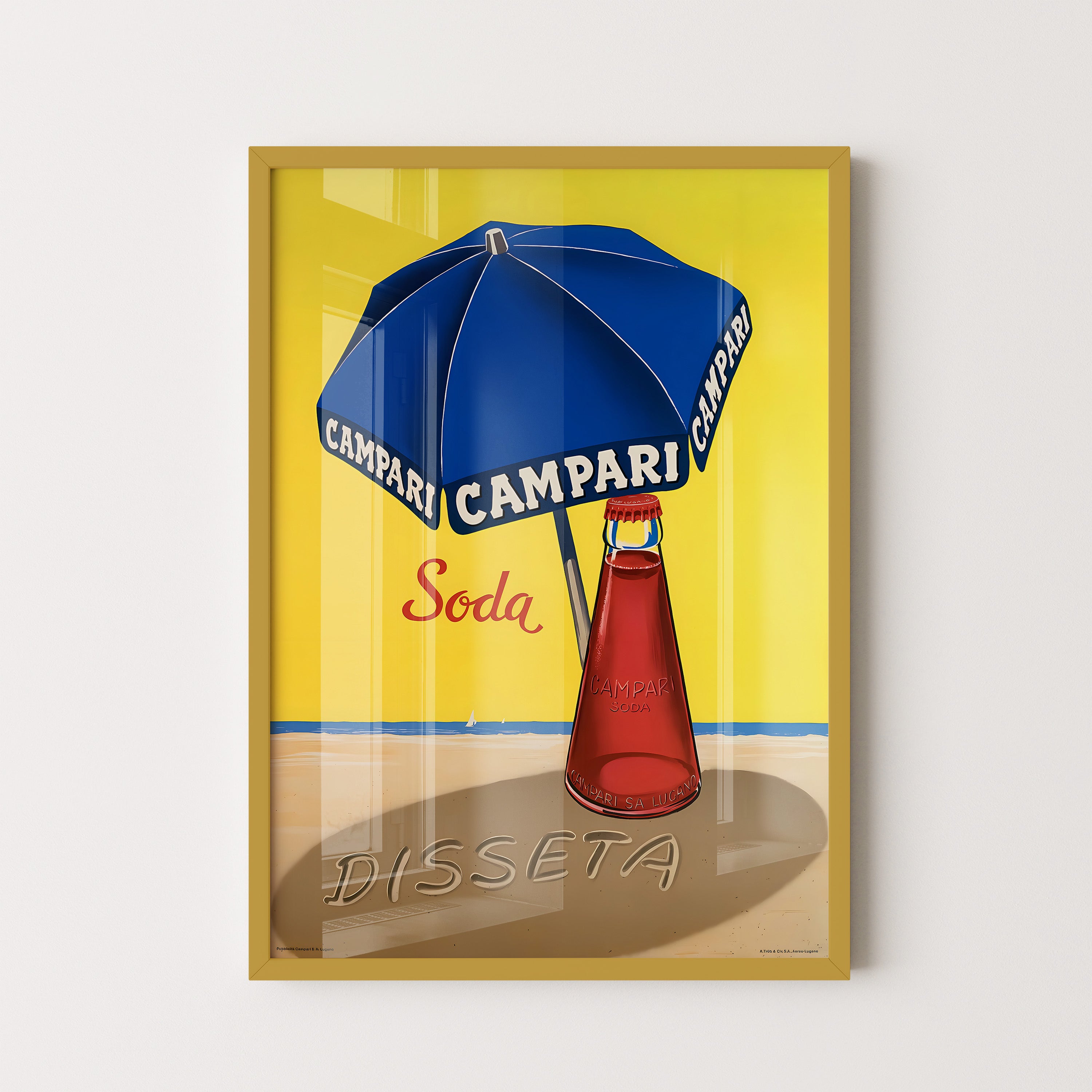Blue Umbrella & Red Bottle – Vintage Beach Poster
