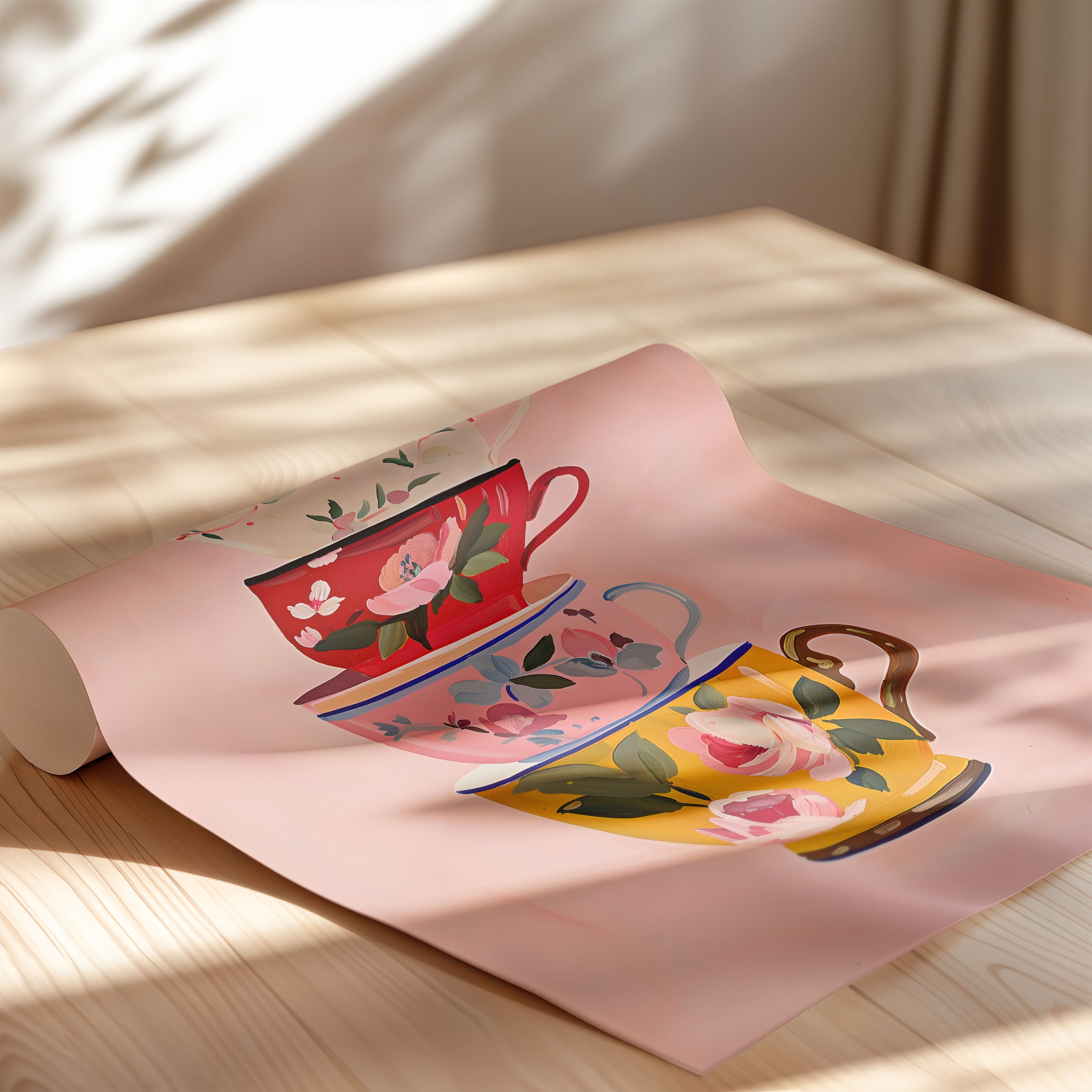Stacked Floral Teacups – Charming Kitchen Art