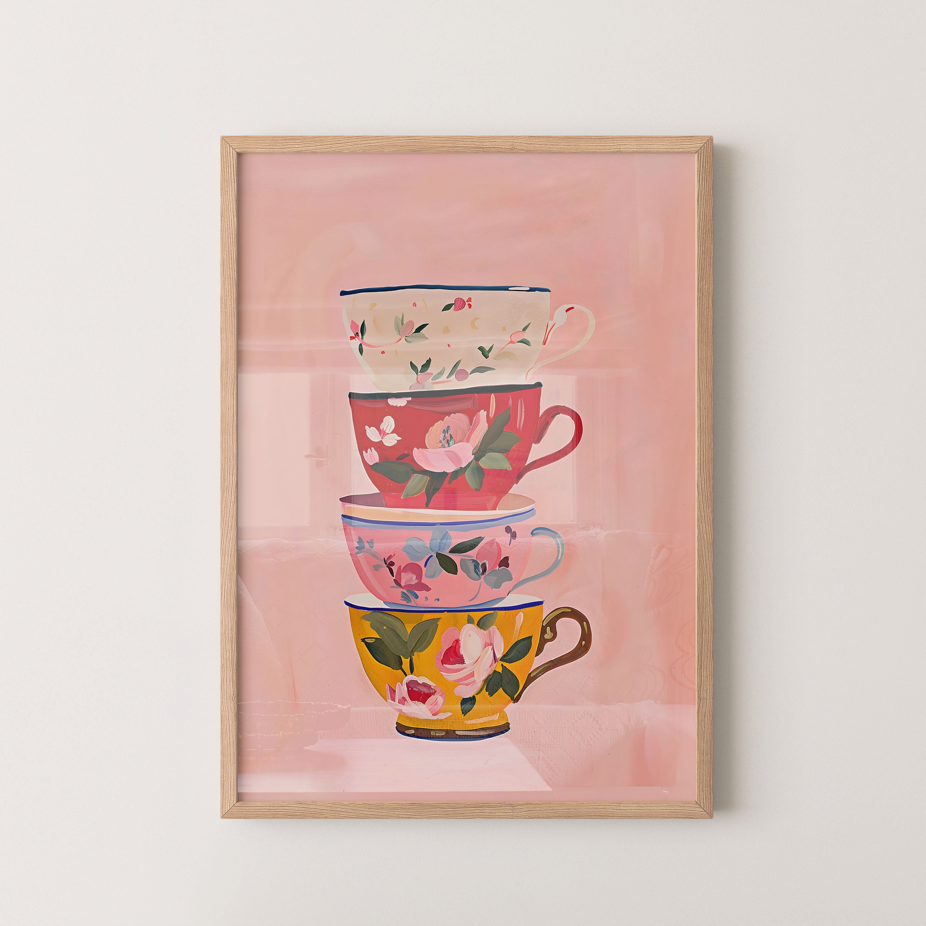 Stacked Floral Teacups – Charming Kitchen Art