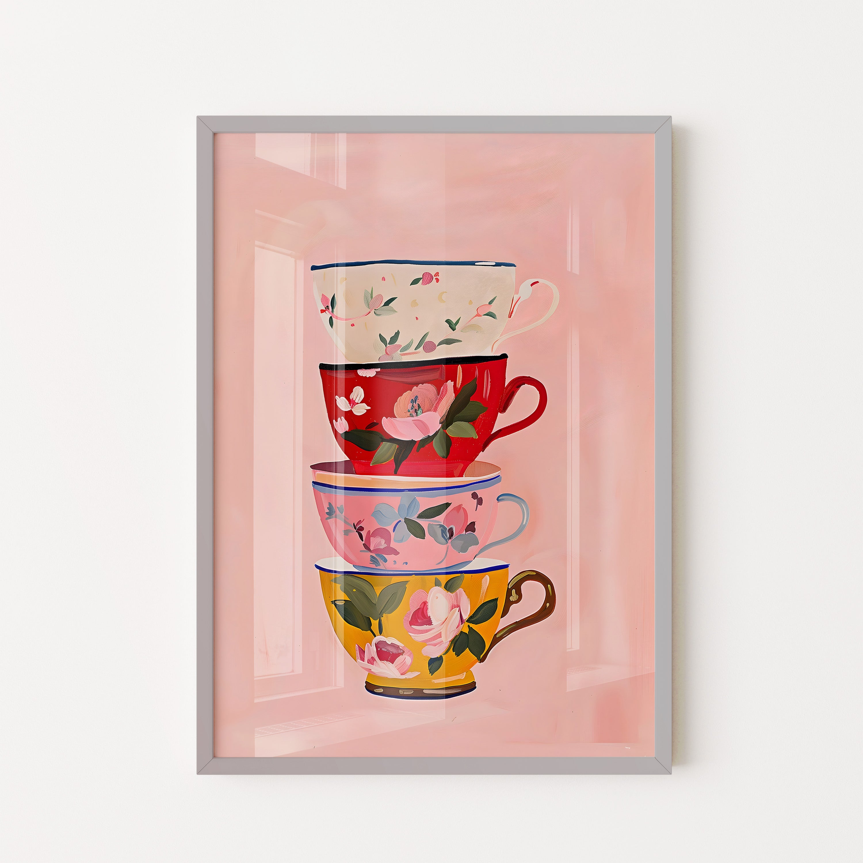 Stacked Floral Teacups – Charming Kitchen Art