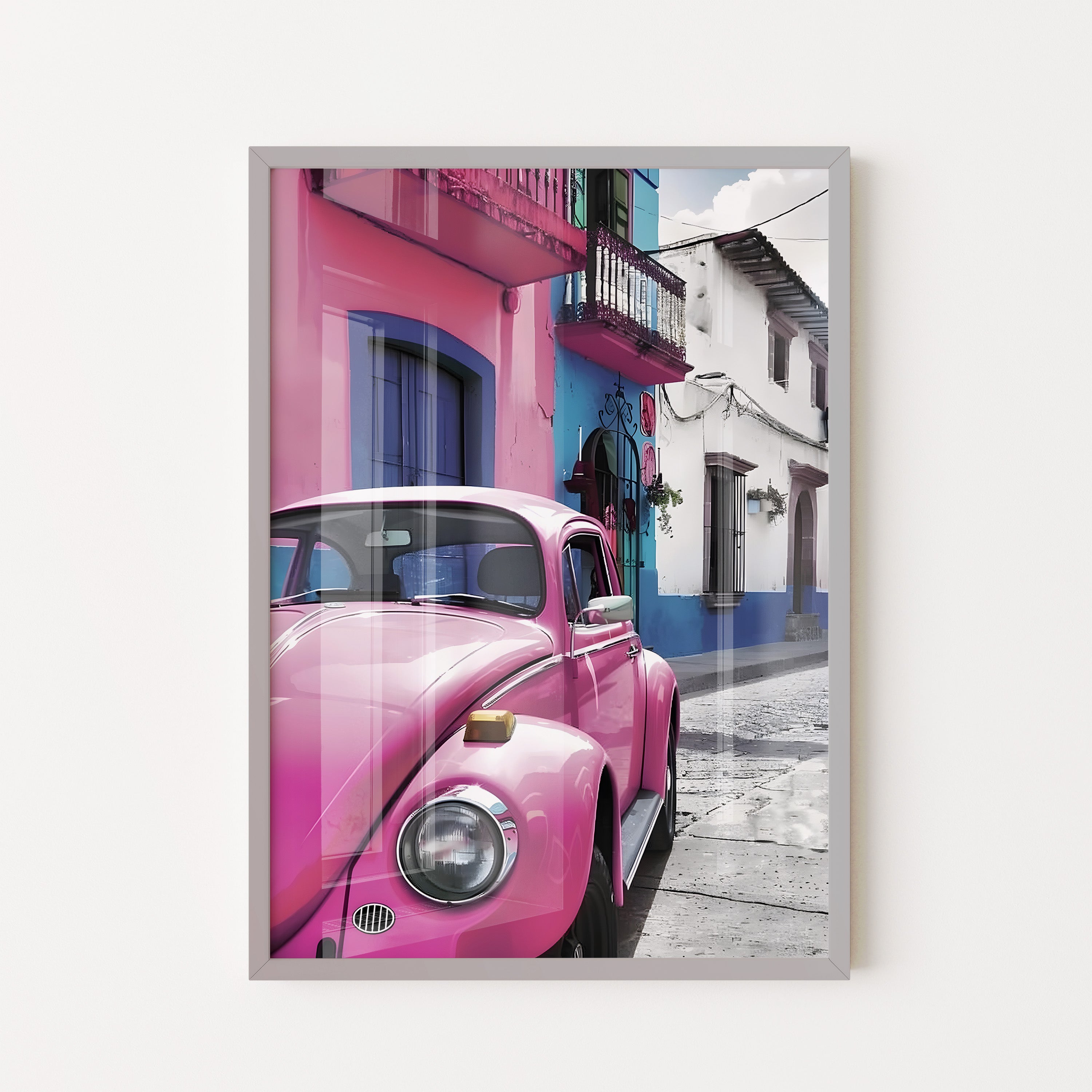 Pink Beetle Street Scene – Urban Retro Art