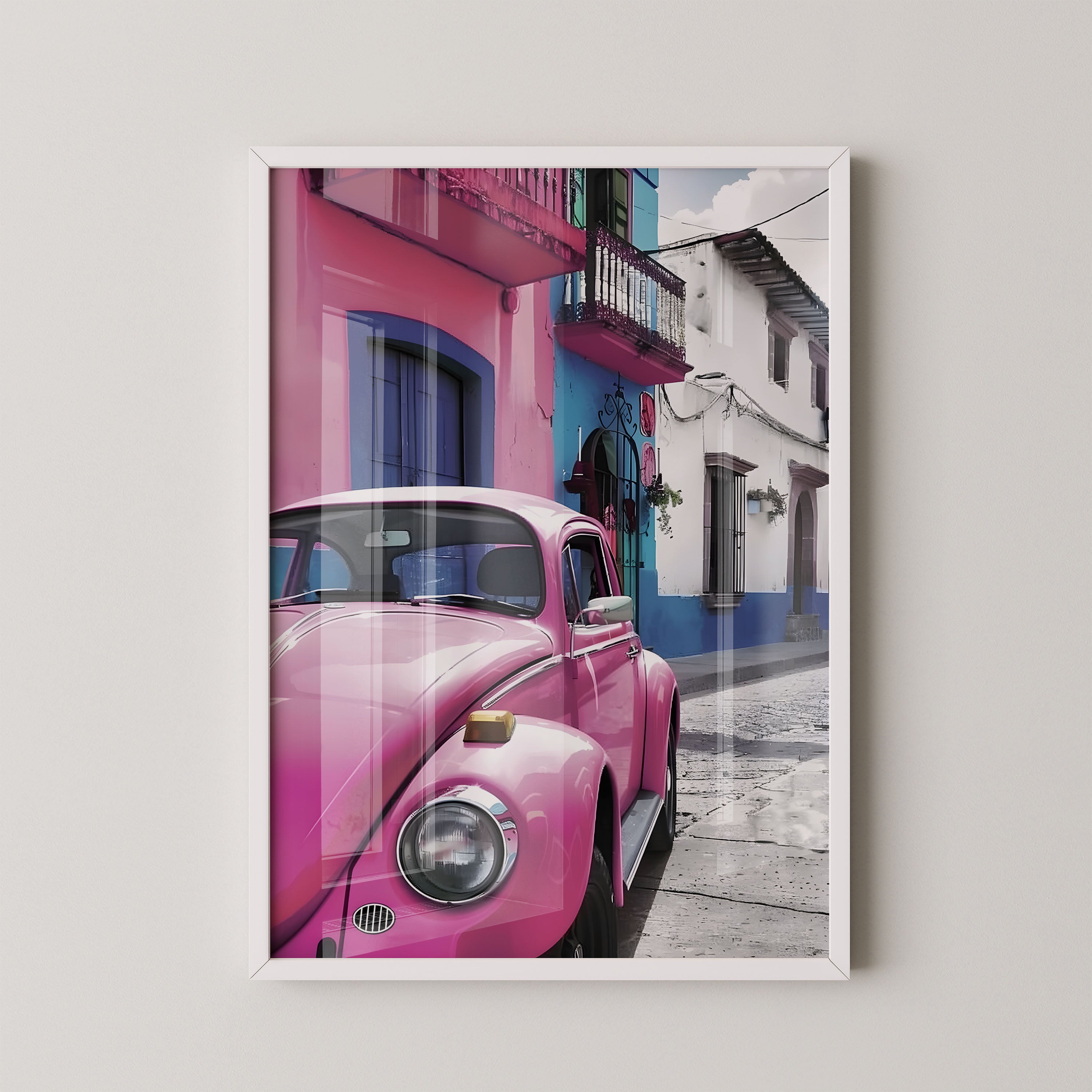 Pink Beetle Street Scene – Urban Retro Art