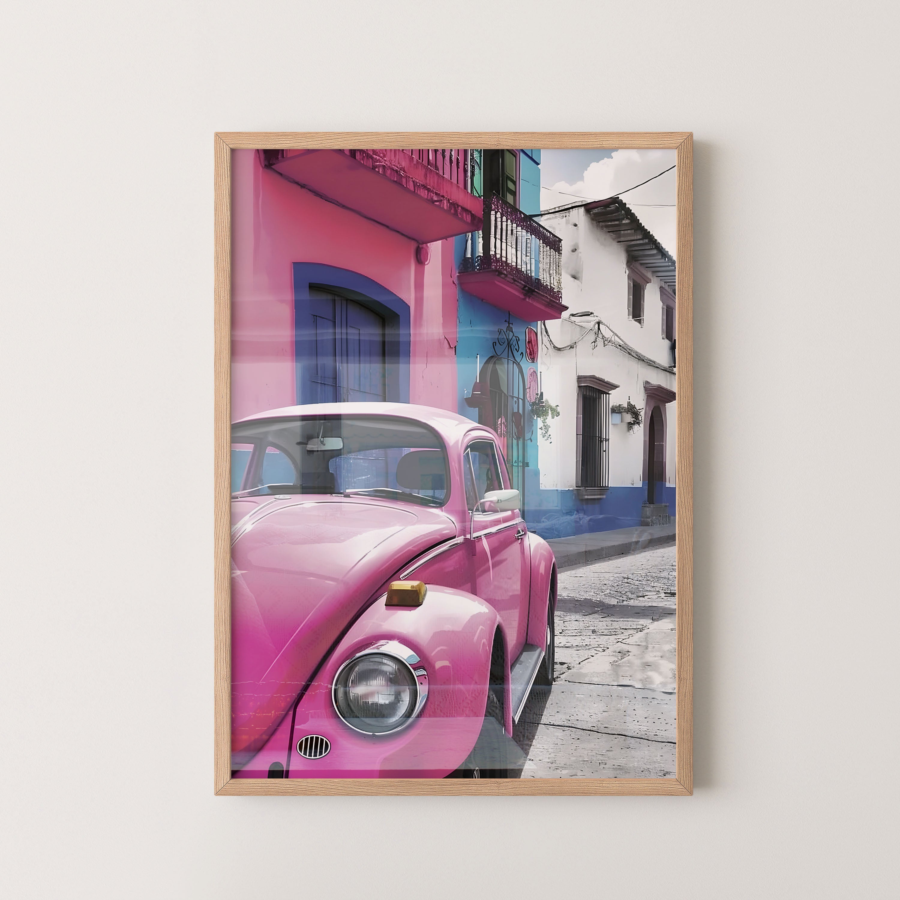 Pink Beetle Street Scene – Urban Retro Art