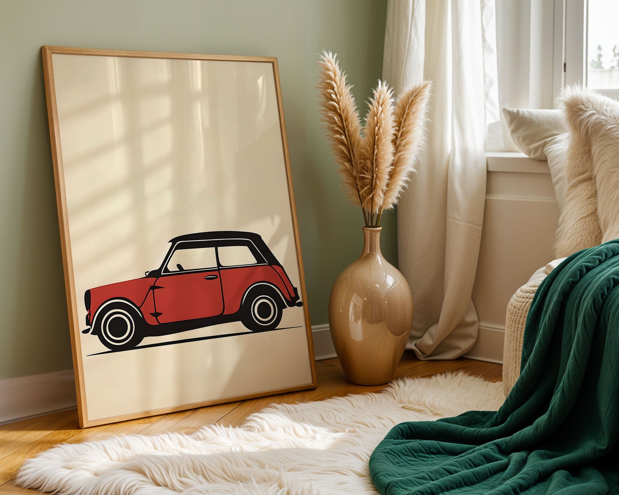 Classic Mini Cooper In Red – Vintage Line Art Print