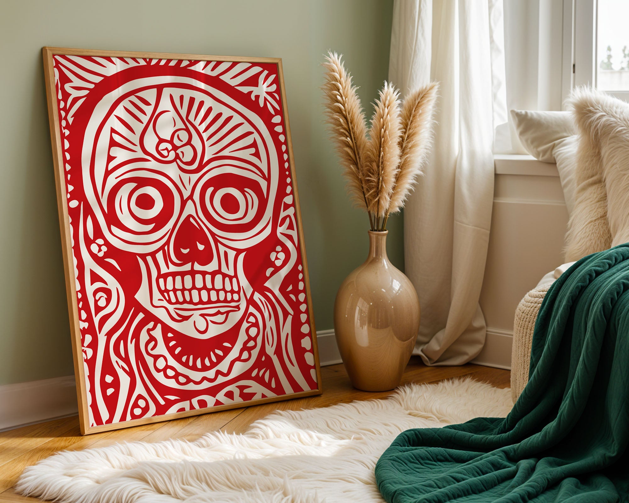 Crimson Skull Motif – Bold Tribal Graphic