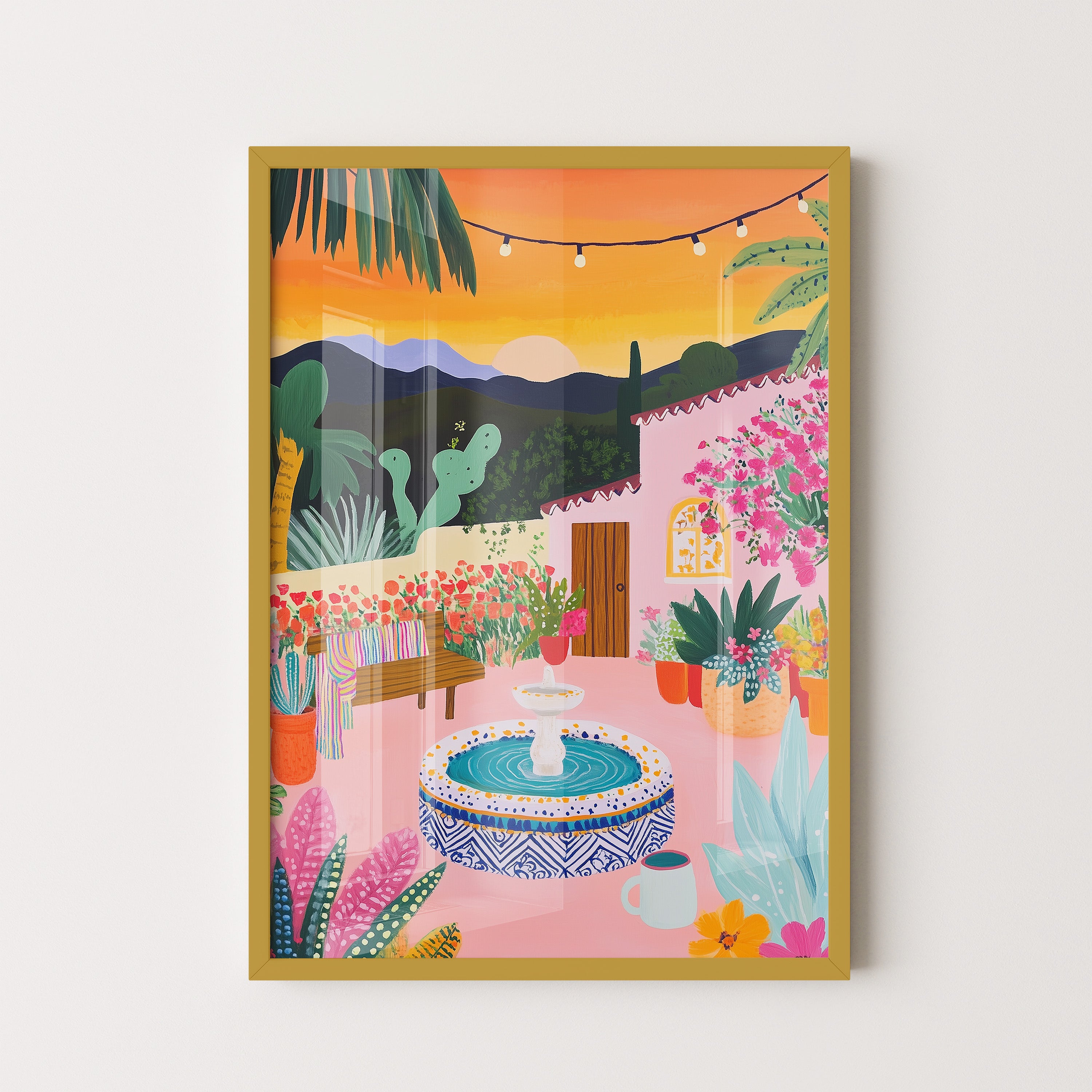 Sunset Courtyard With Fountain And Flowers