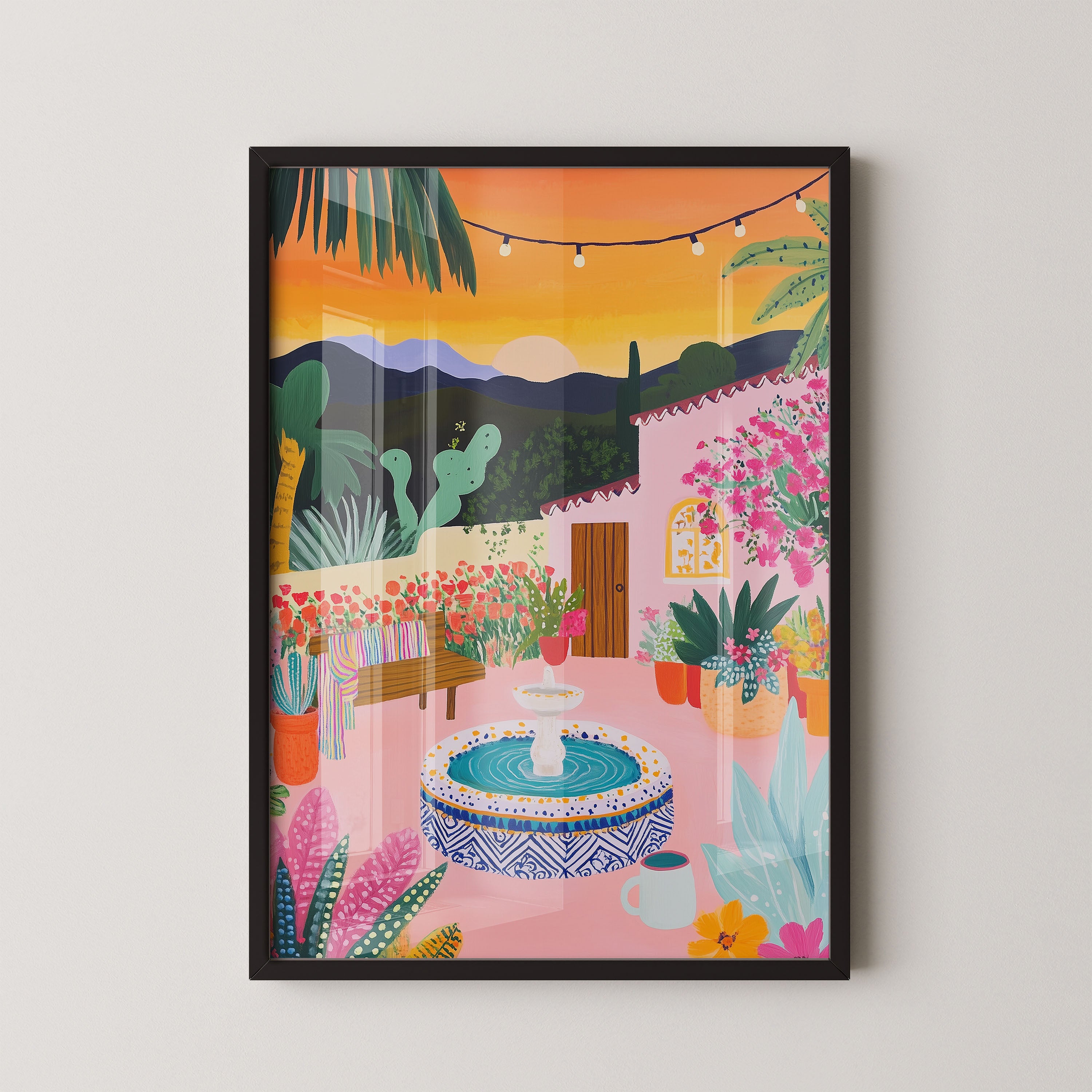 Sunset Courtyard With Fountain And Flowers