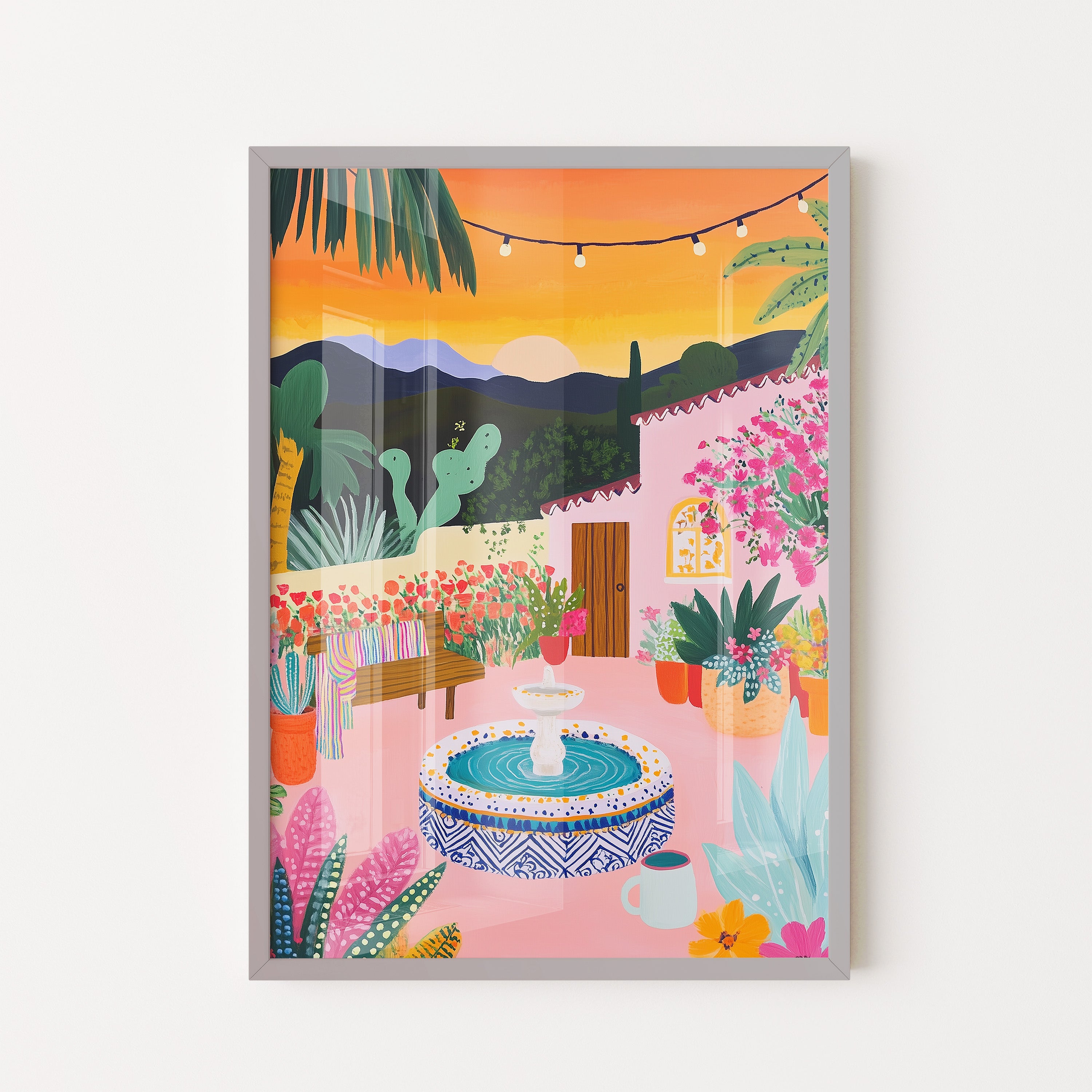 Sunset Courtyard With Fountain And Flowers