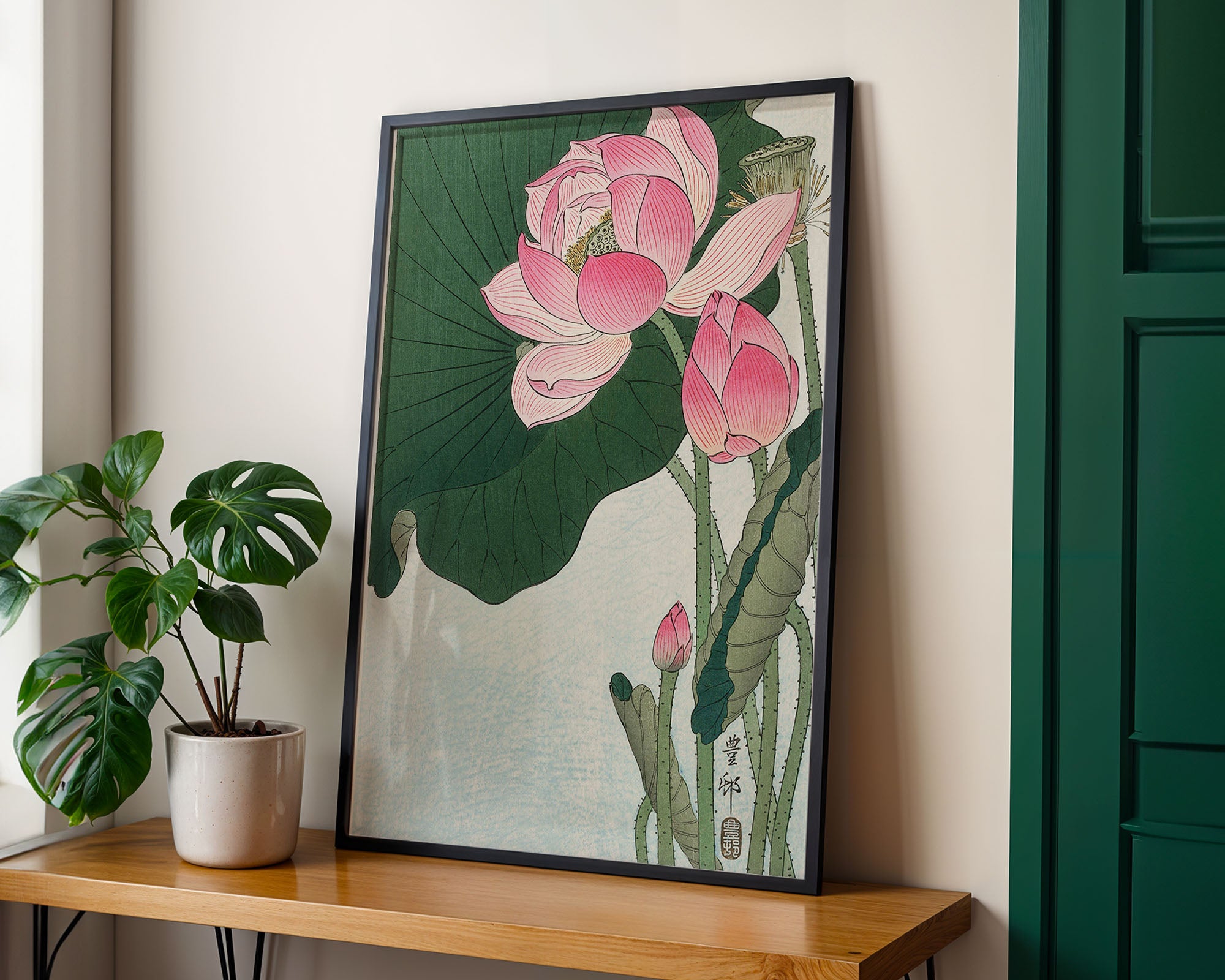 Japanese Lotus Blossom Art Print – Traditional Botanical Ukiyo-e Style