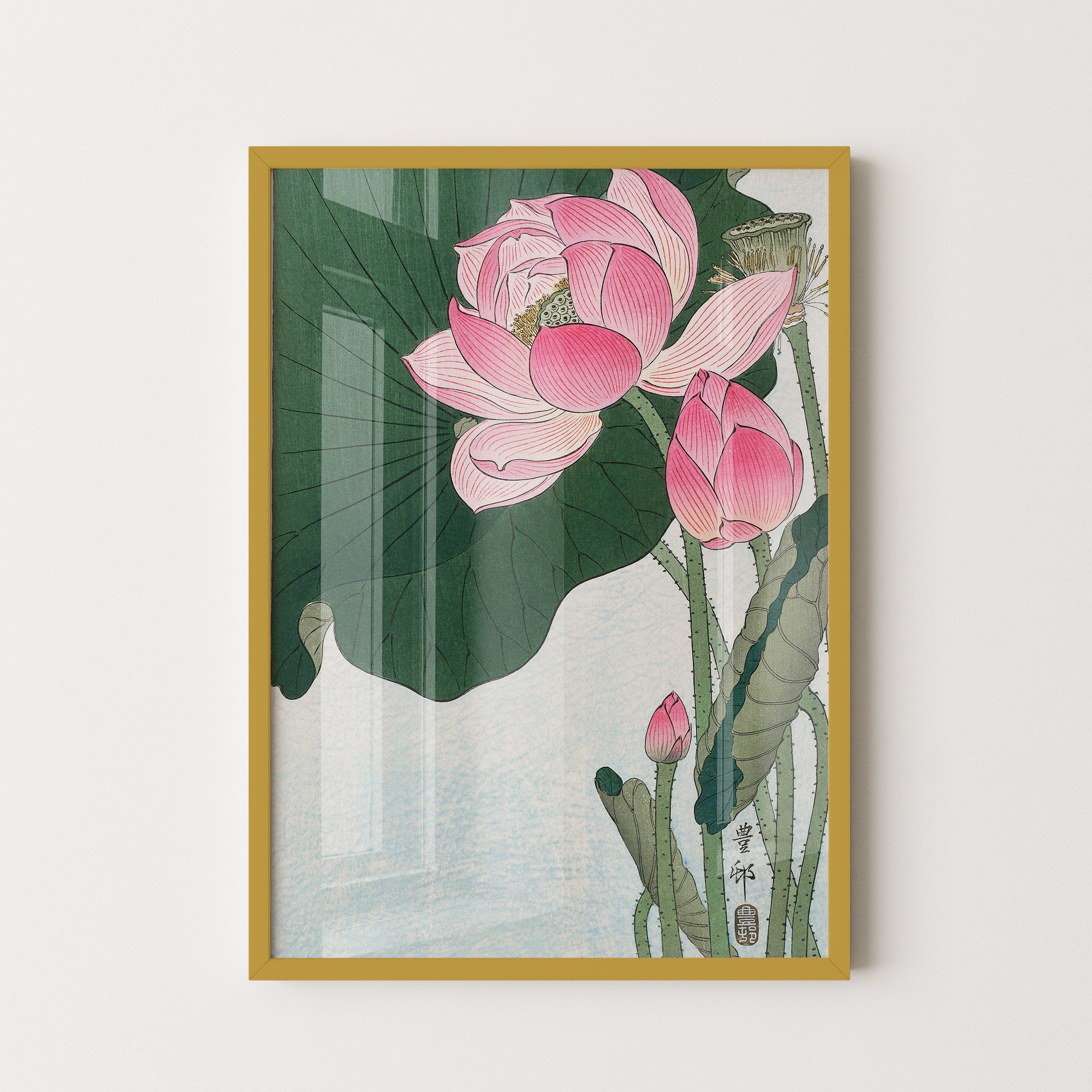 Japanese Lotus Blossom Art Print – Traditional Botanical Ukiyo-e Style