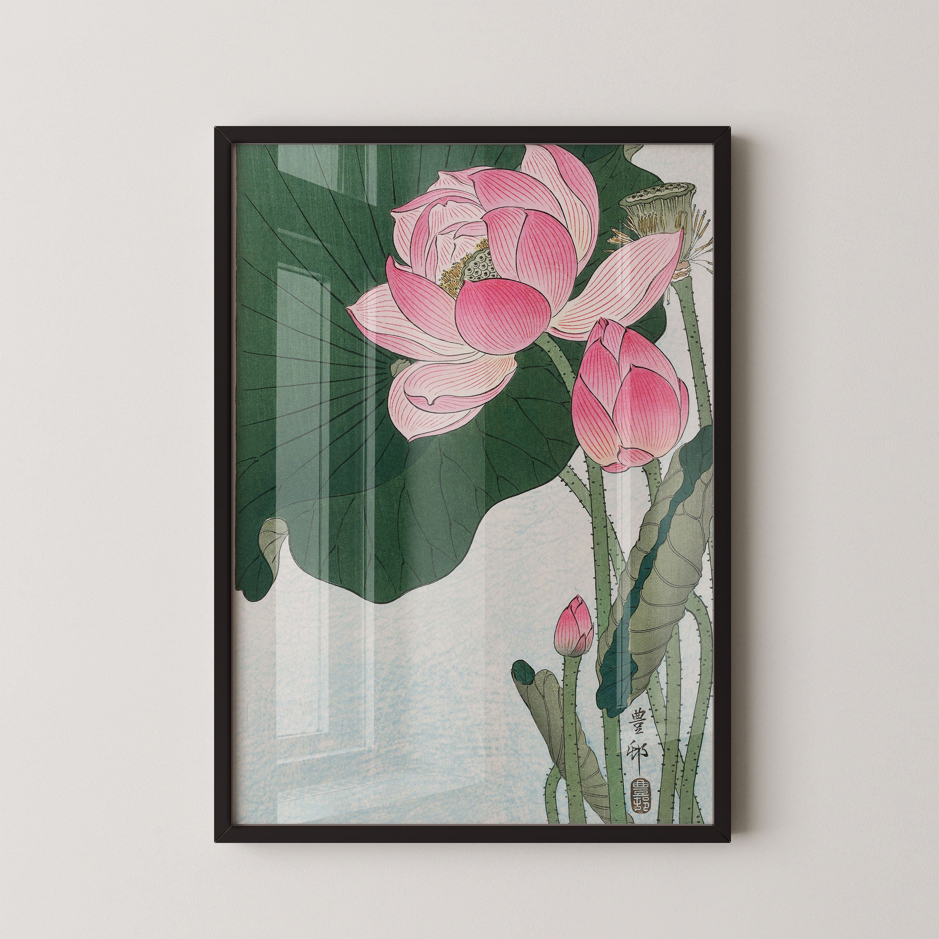 Japanese Lotus Blossom Art Print – Traditional Botanical Ukiyo-e Style