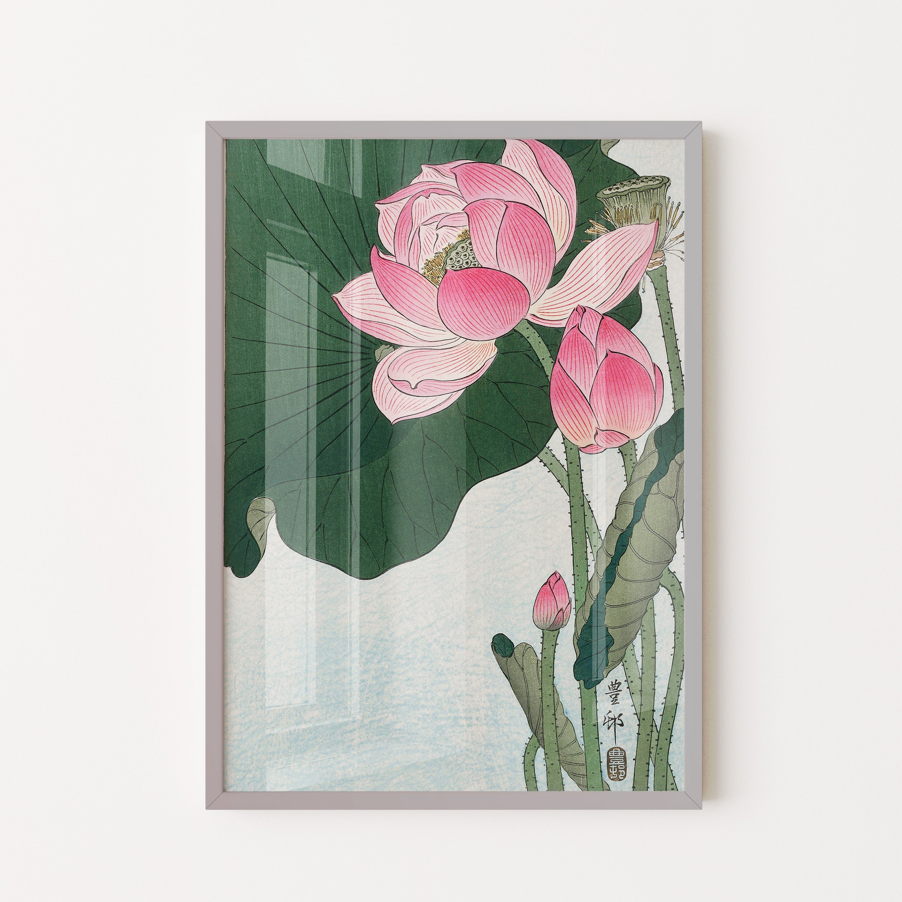 Japanese Lotus Blossom Art Print – Traditional Botanical Ukiyo-e Style