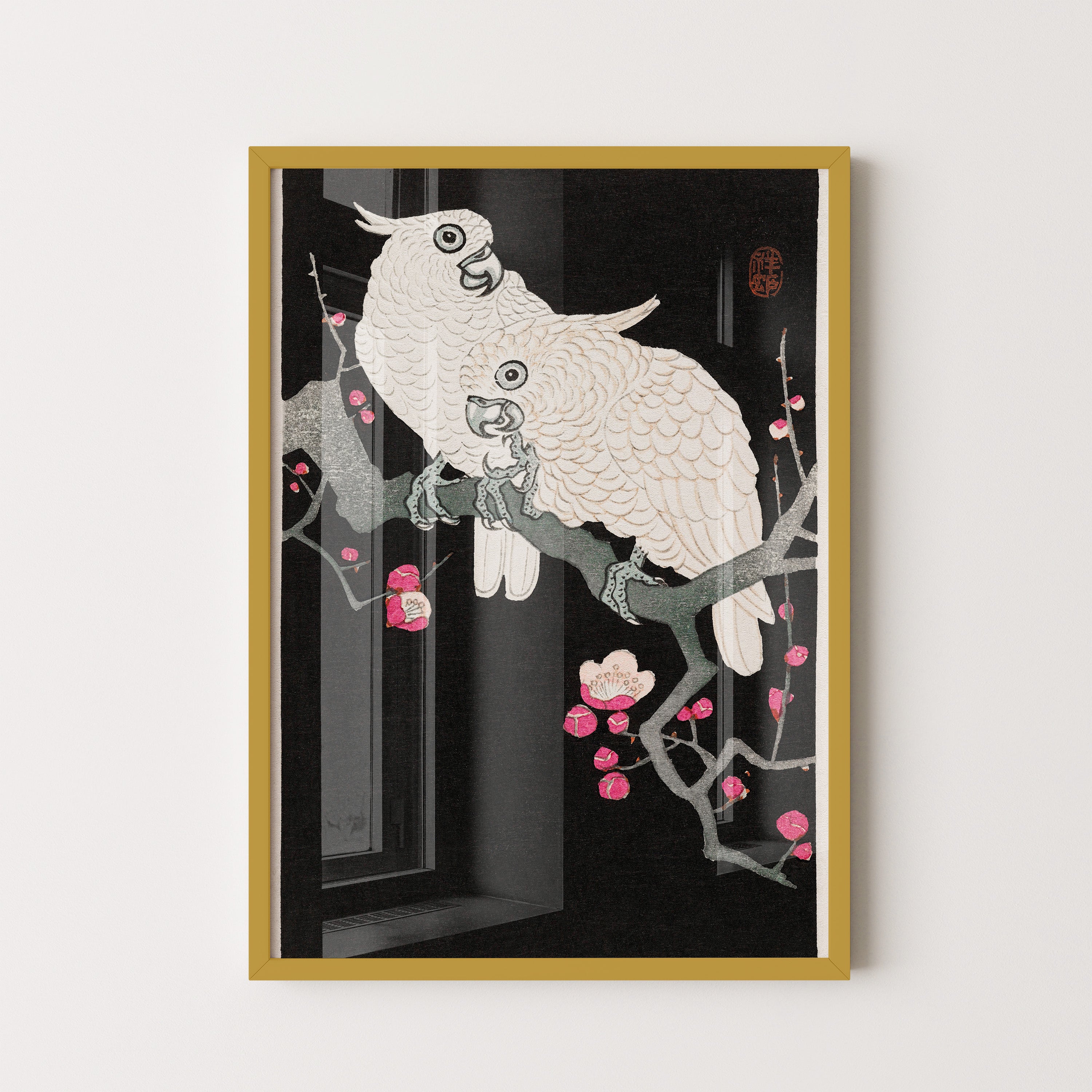 Japanese Art Print – White Parrots on Blossom Branch