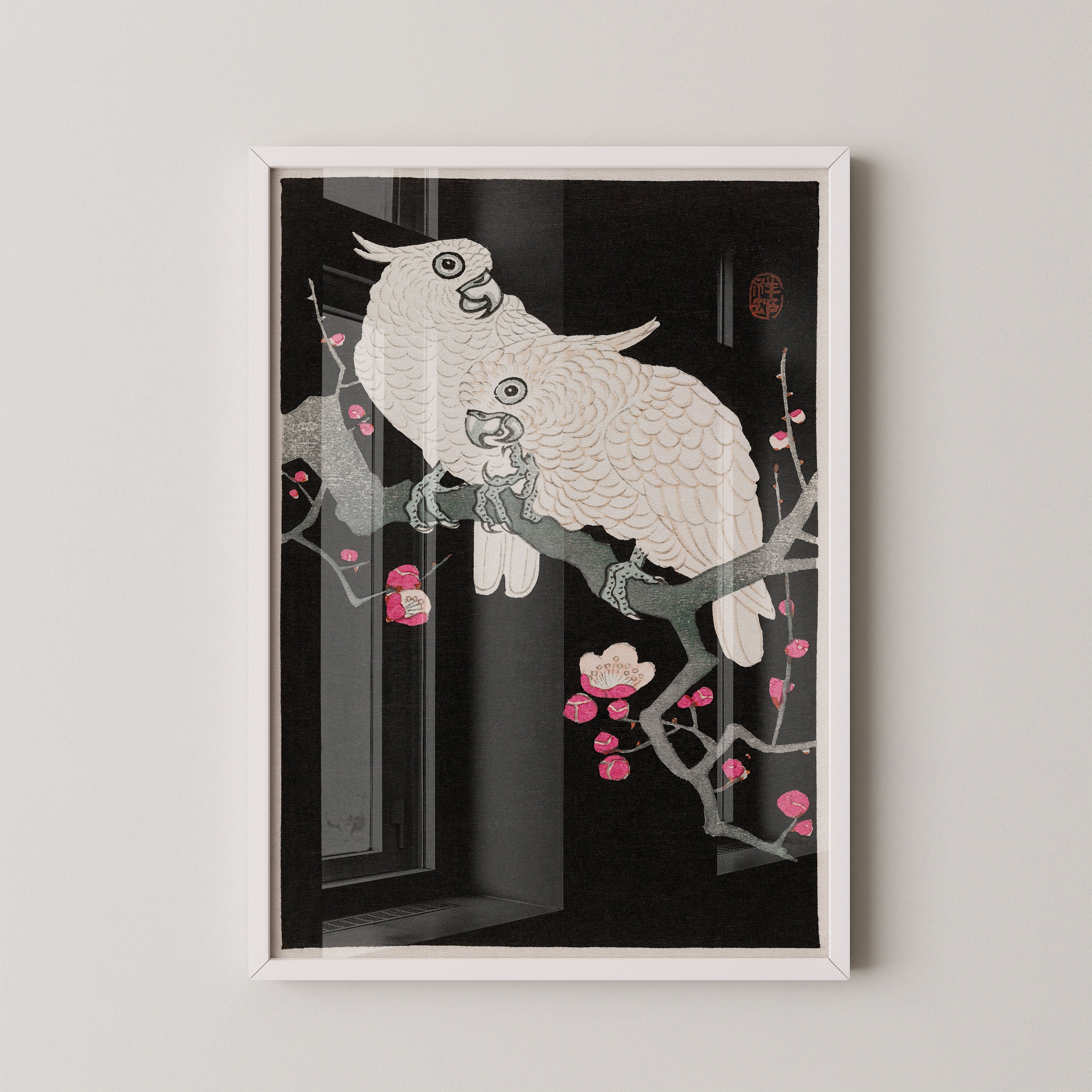 Japanese Art Print – White Parrots on Blossom Branch