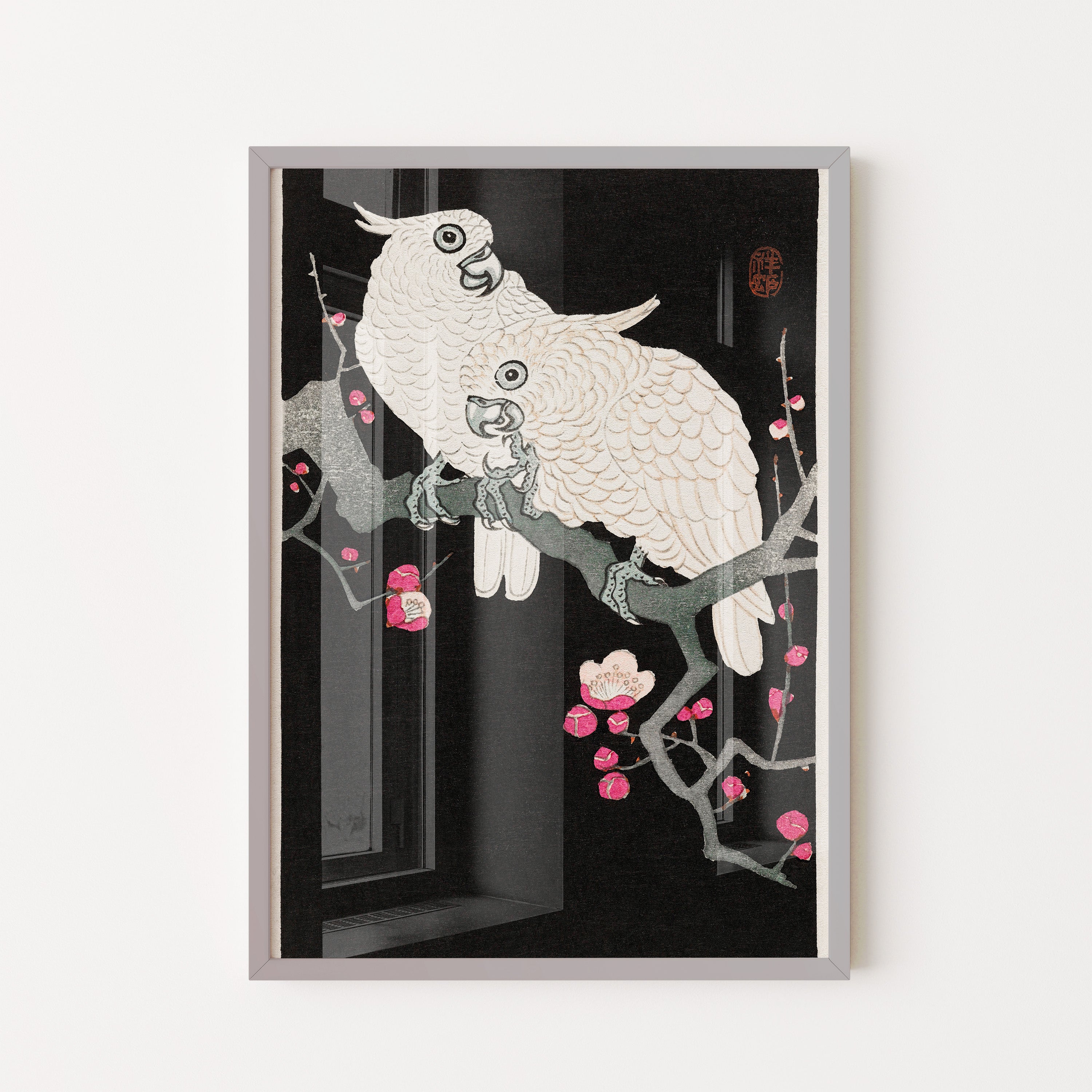 Japanese Art Print – White Parrots on Blossom Branch
