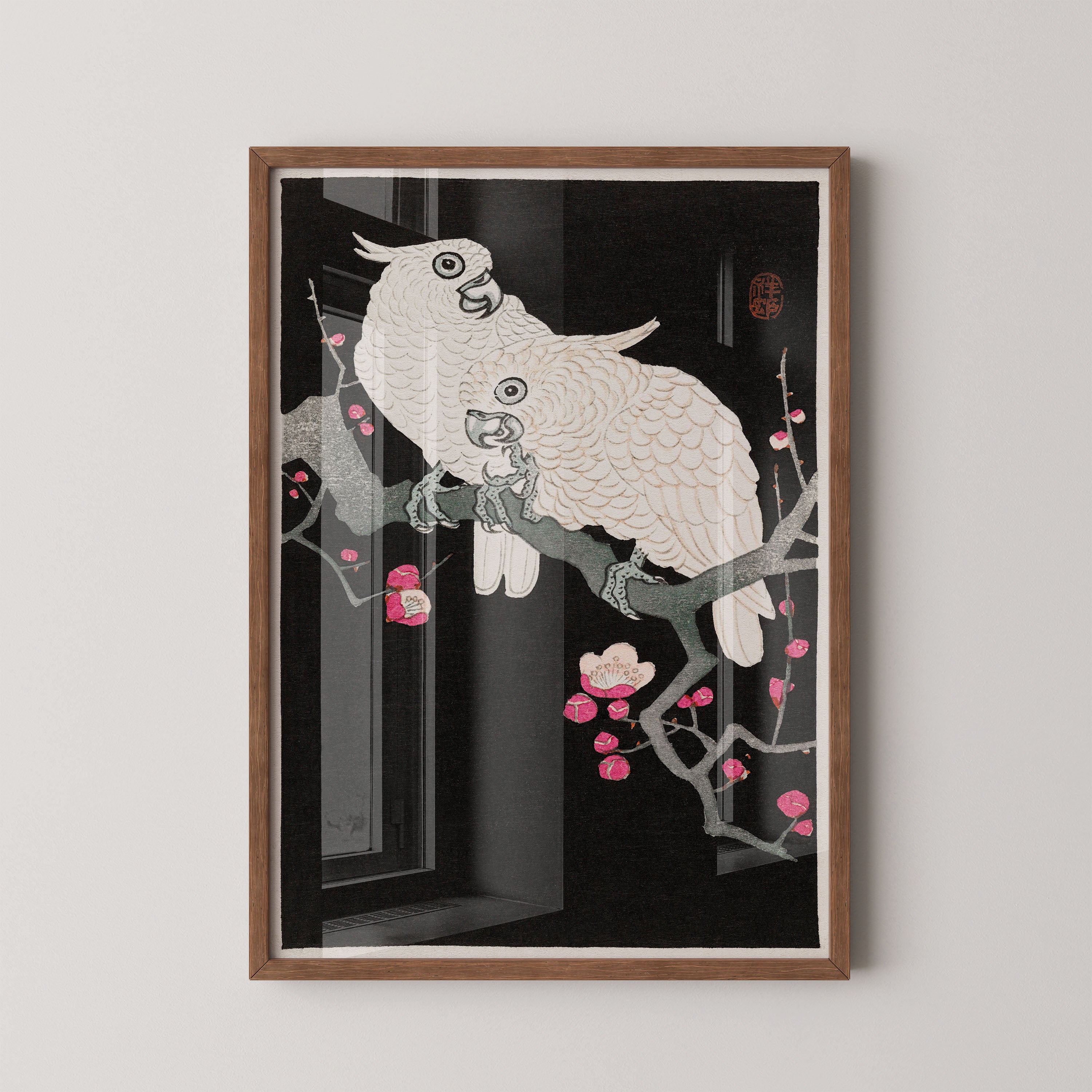 Japanese Art Print – White Parrots on Blossom Branch