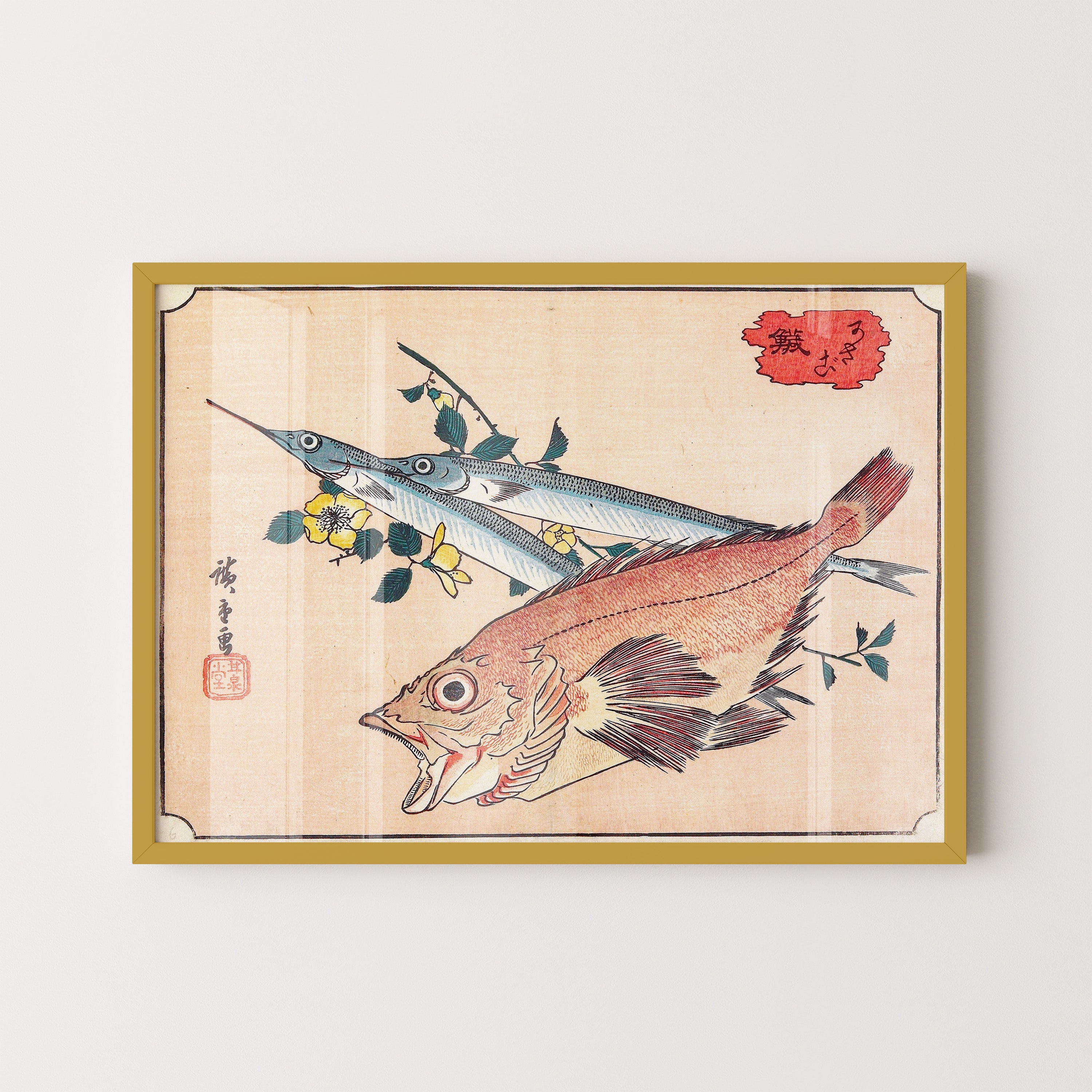 Japanese Vintage Art Print – Fish Study With Floral Branch