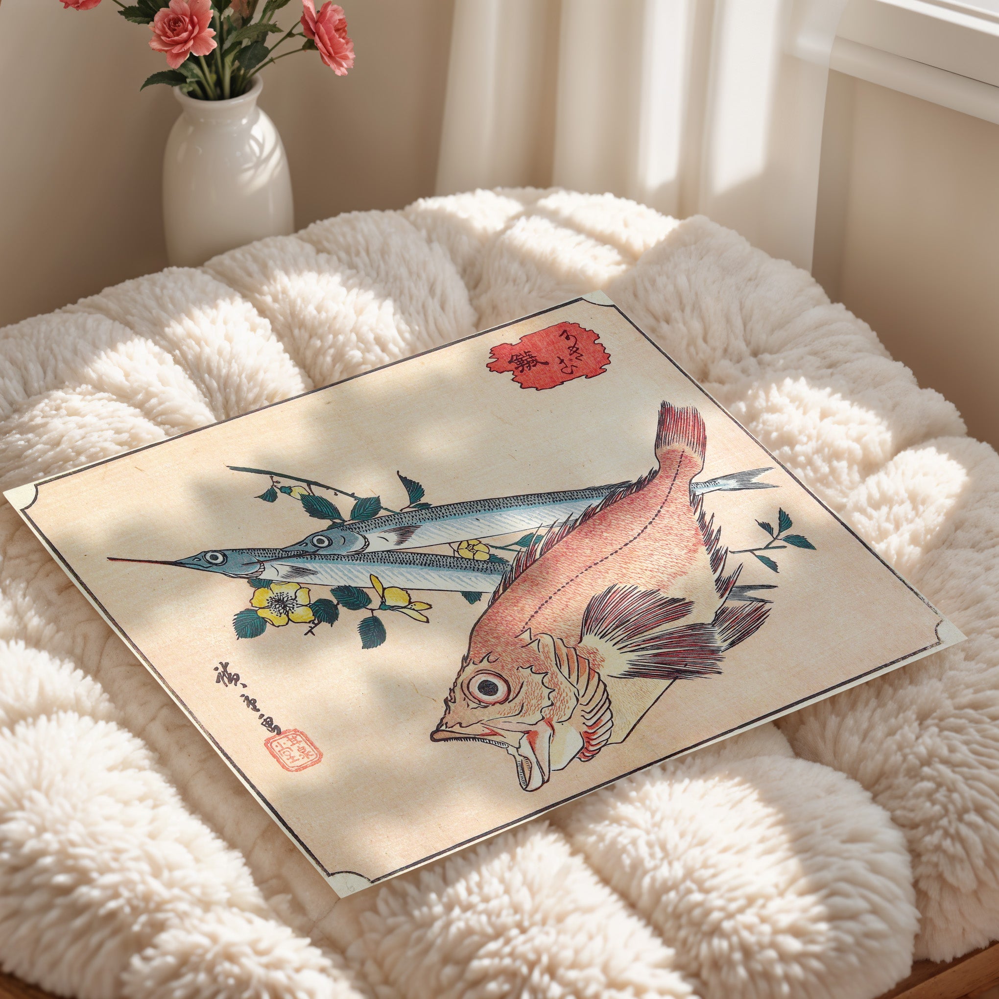 Japanese Vintage Art Print – Fish Study With Floral Branch