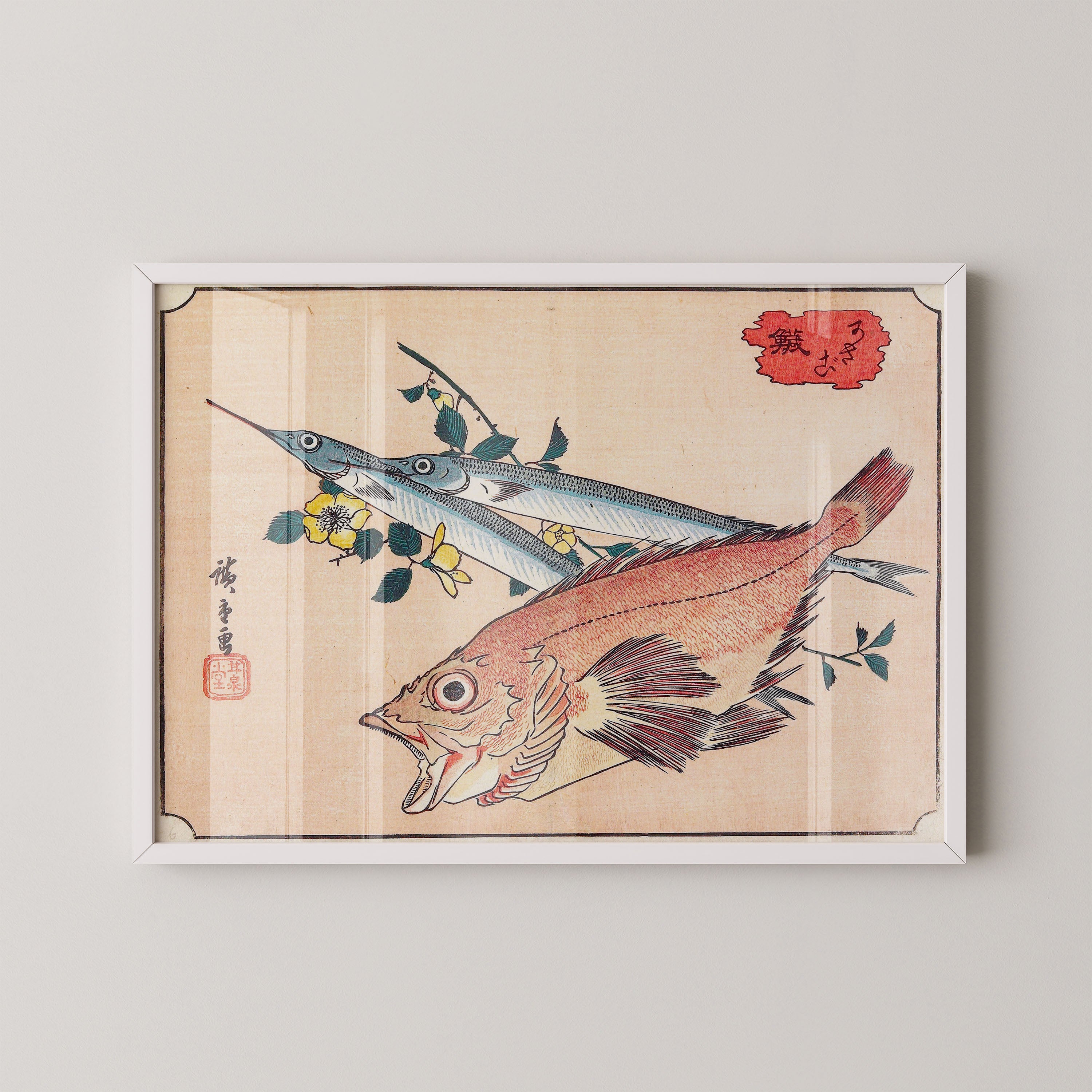Japanese Vintage Art Print – Fish Study With Floral Branch